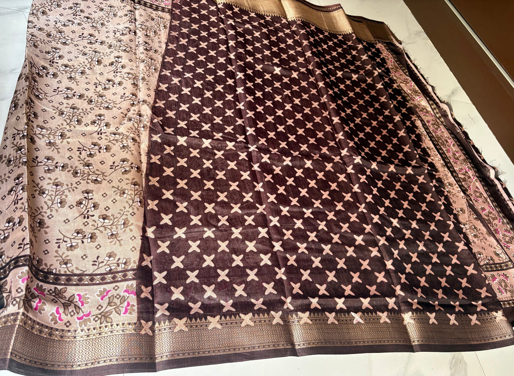 elegant beige saree featuring delicate floral vine prints and a beautifully dark brown zari border - Cotton tissue soft Saree