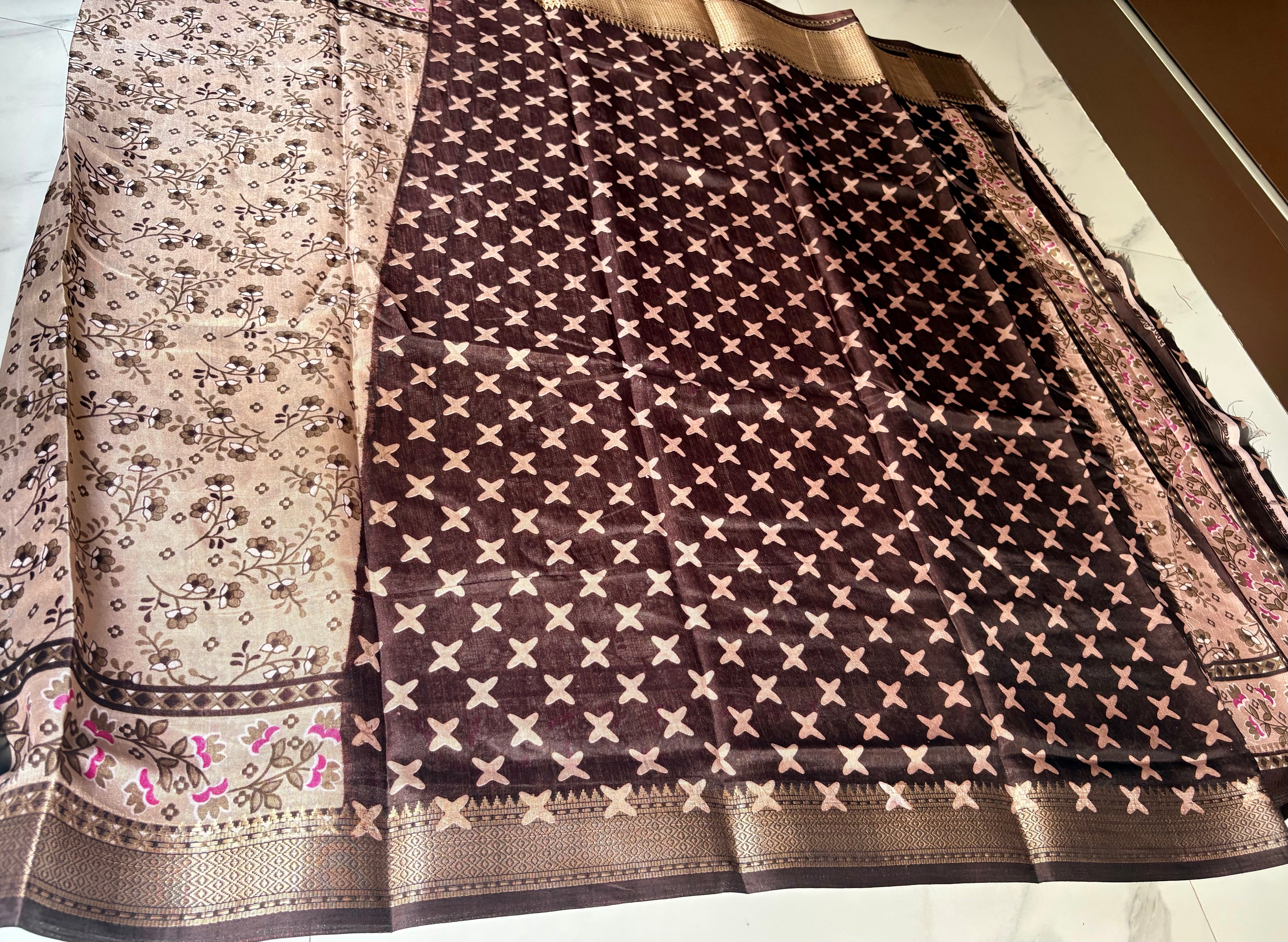 elegant beige saree featuring delicate floral vine prints and a beautifully dark brown zari border - Cotton tissue soft Saree