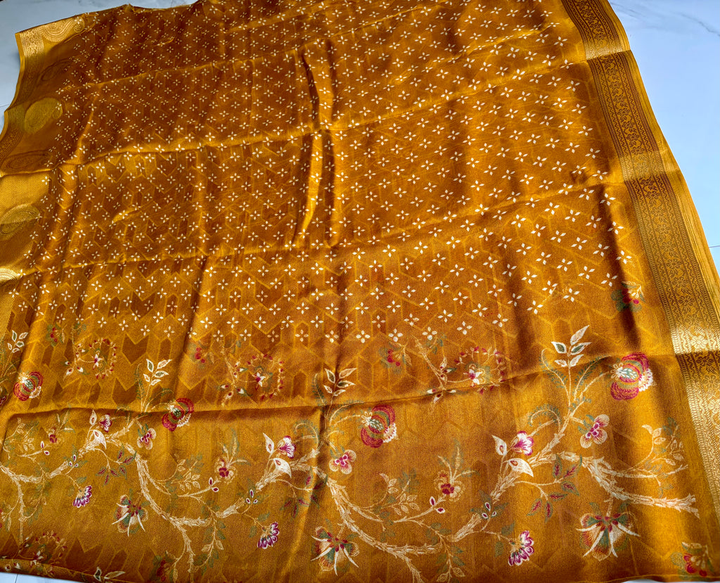 Elegant mustard yellow saree featuring delicate floral prints and a luxurious golden woven border - Foil Georjjett jacquard Saree