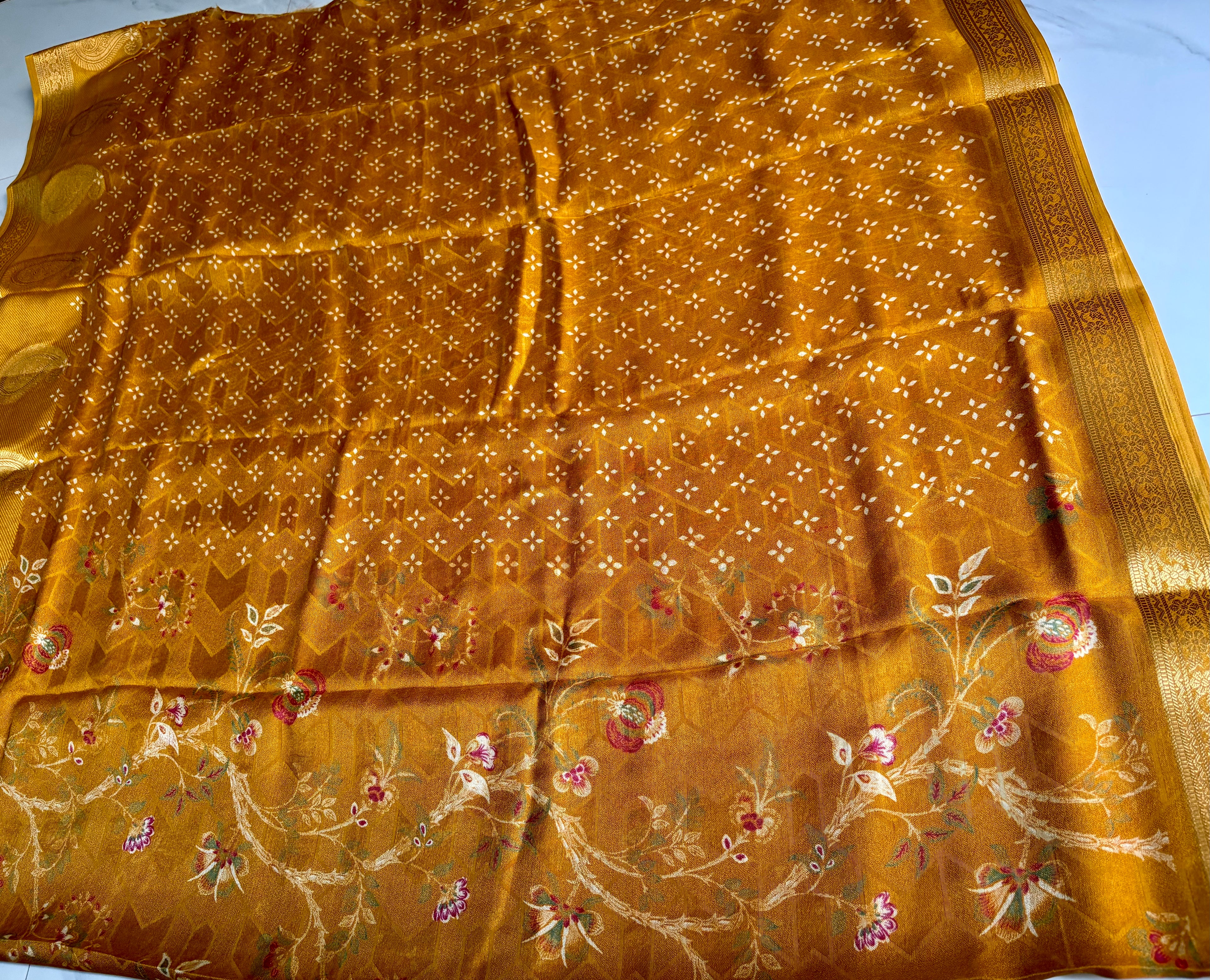 Elegant mustard yellow saree featuring delicate floral prints and a luxurious golden woven border - Foil Georjjett jacquard Saree