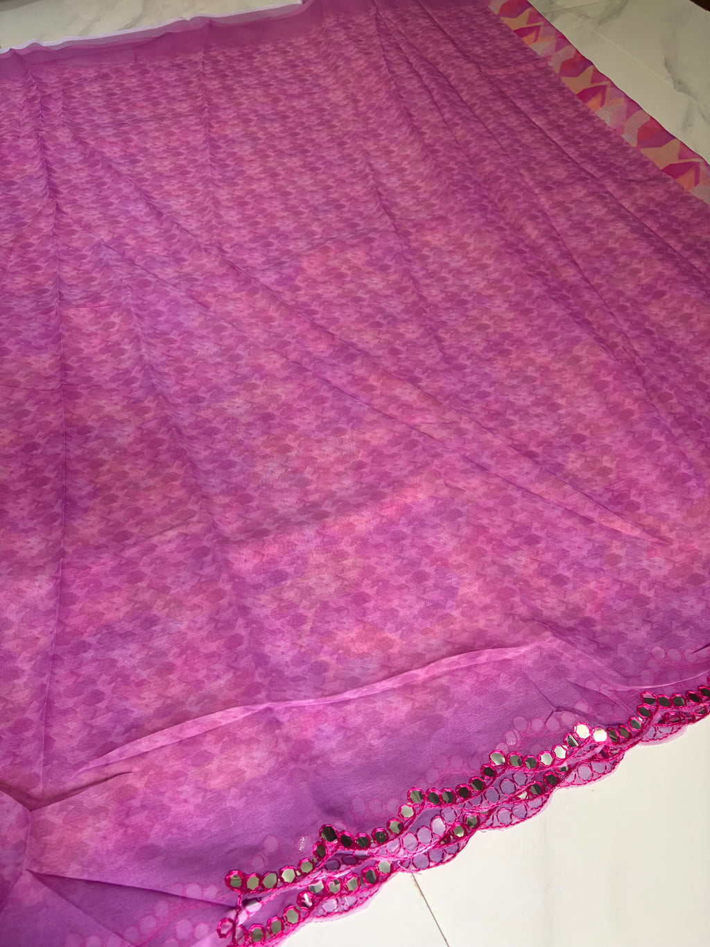 Mirror Work Star Georgette Saree - Pink and peach Colour Combination