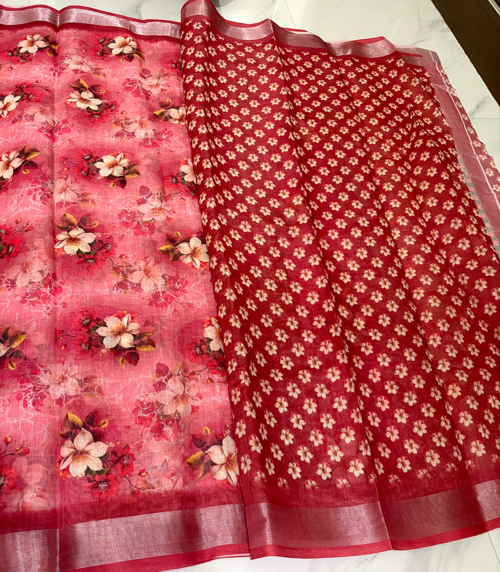 beautiful pink floral printed saree with Zari Line Border - Cotton