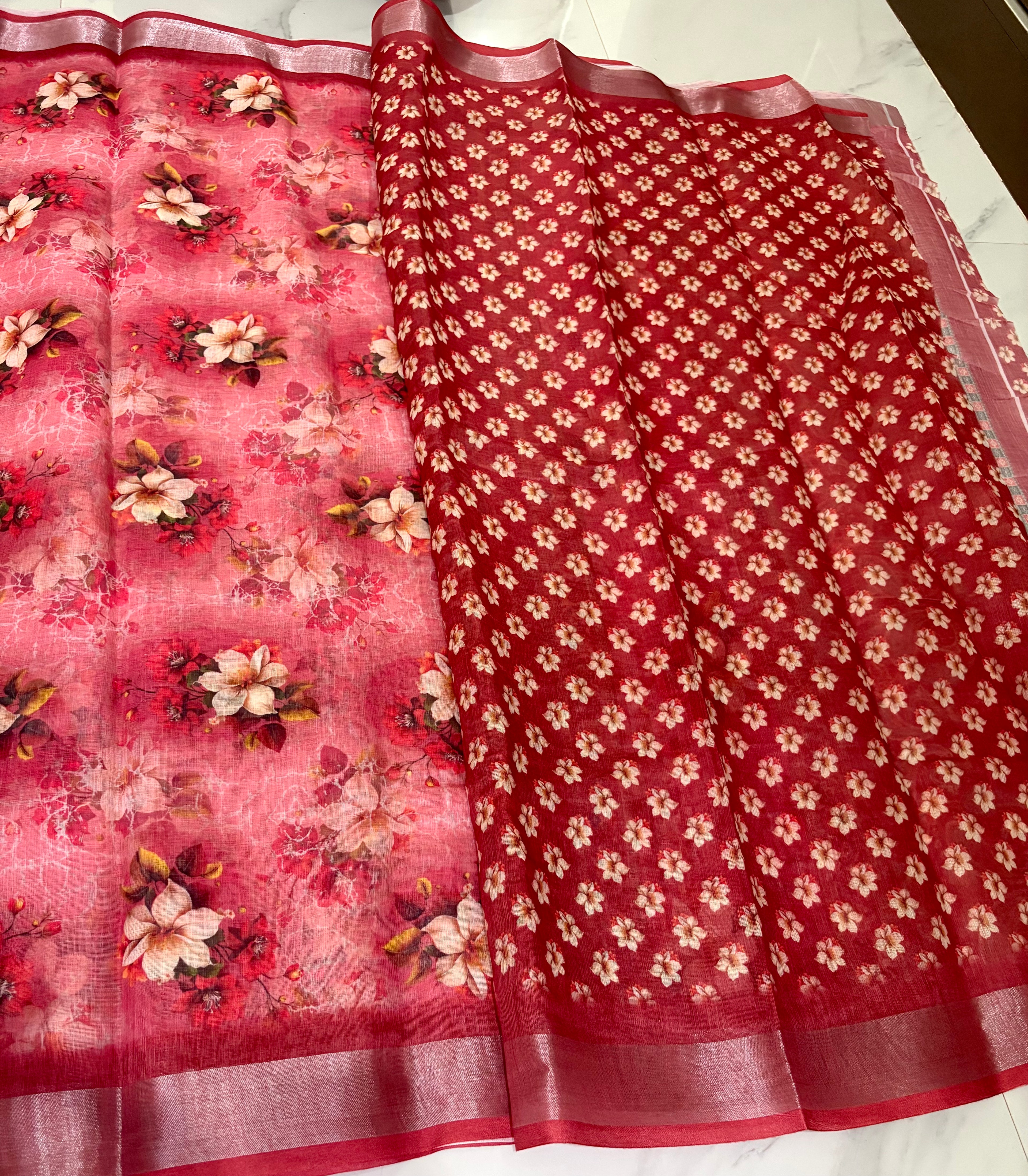 beautiful pink floral printed saree with Zari Line Border - Cotton