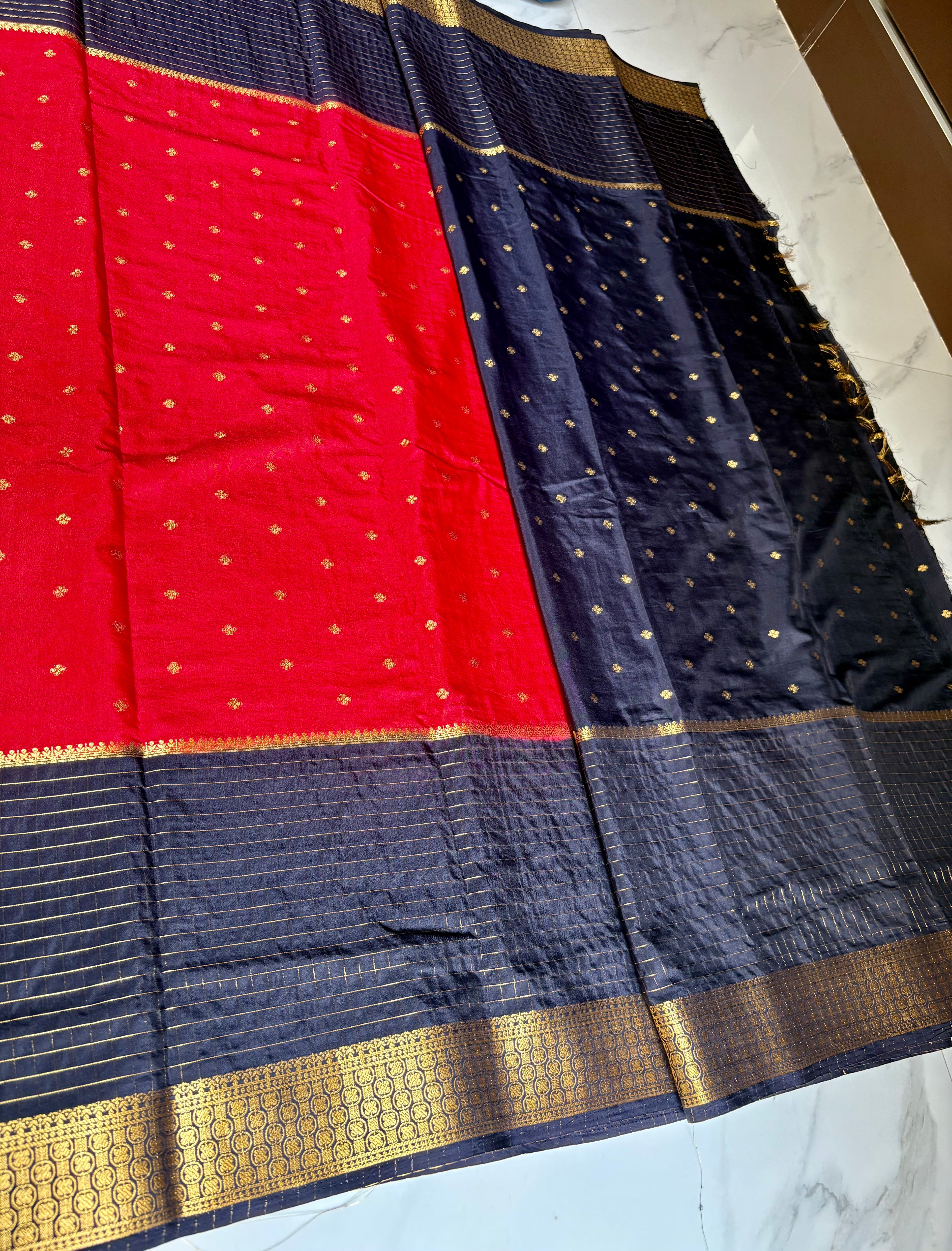 Premium Crape Chex Patti Saree with Orange and Black Colour Combination and Premium Woven Zari Border.