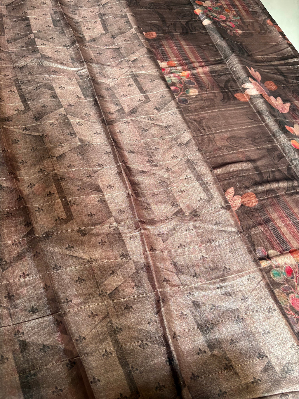 Elegant coffee brown saree featuring graceful floral digital prints and Tassels