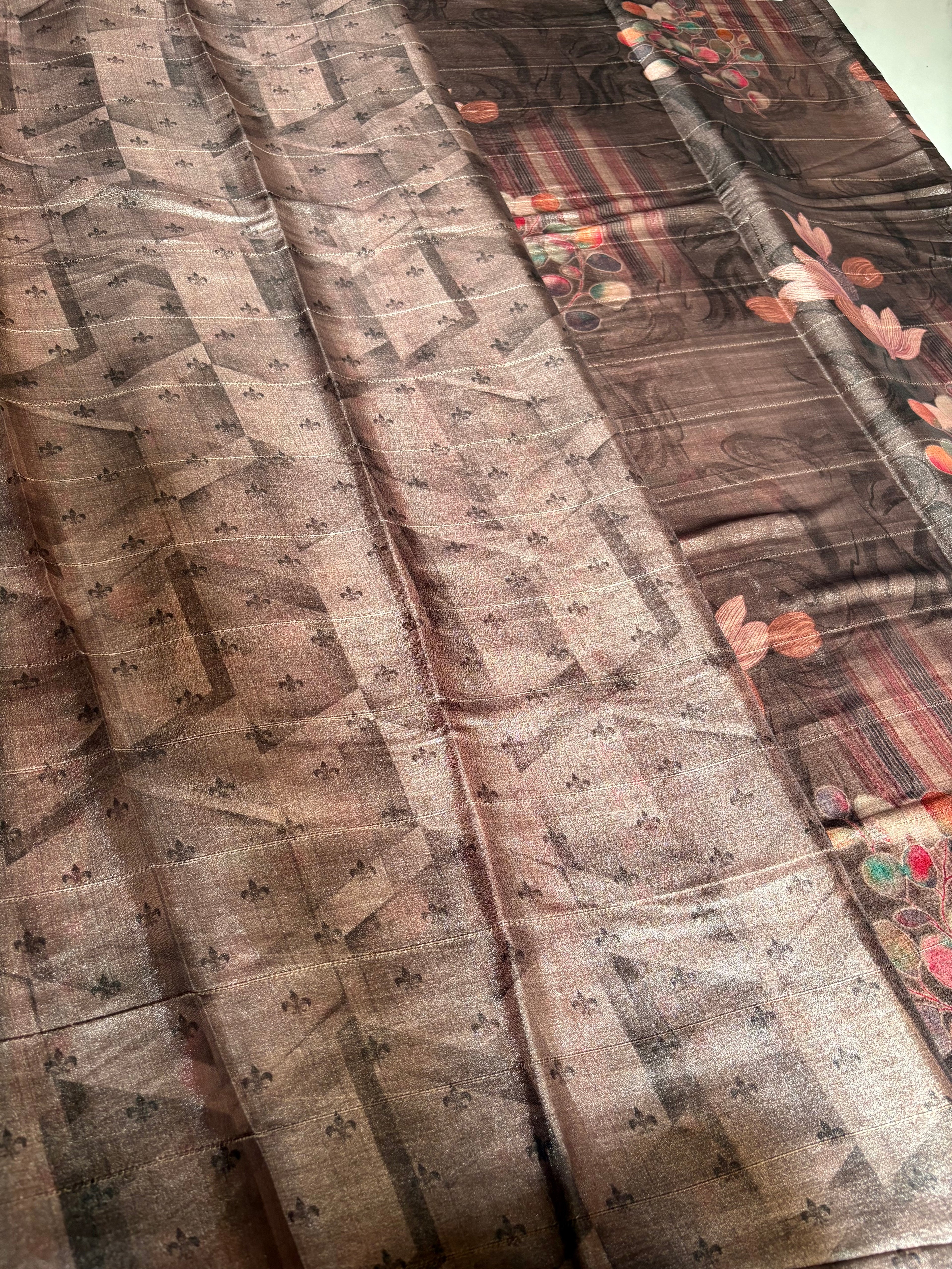 Elegant coffee brown saree featuring graceful floral digital prints and Tassels