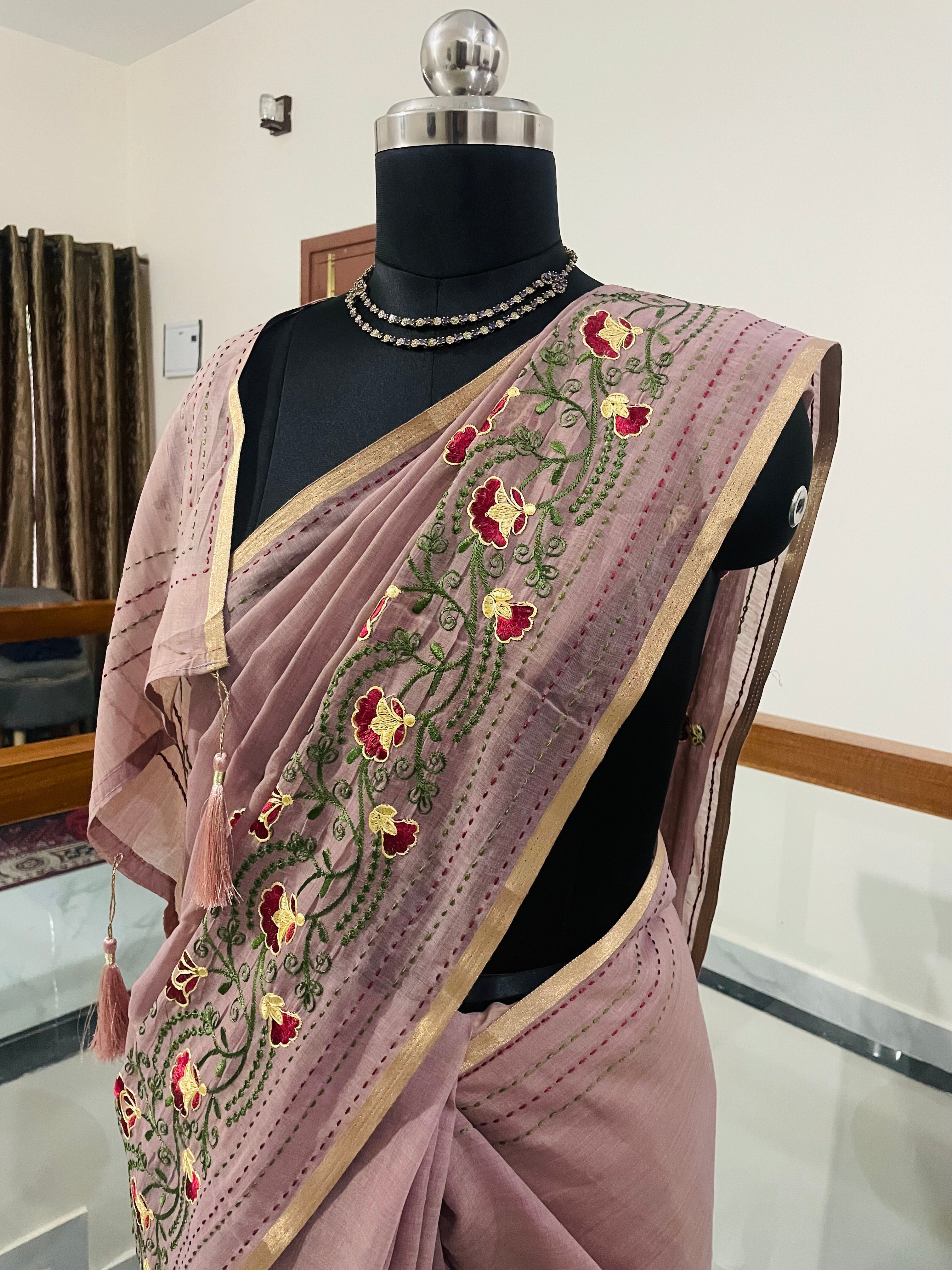 Beautiful Dusty Mauve with a Pastel Pink Soft Cotton & Tissue Mix Saree with Floral Embroidery Work.