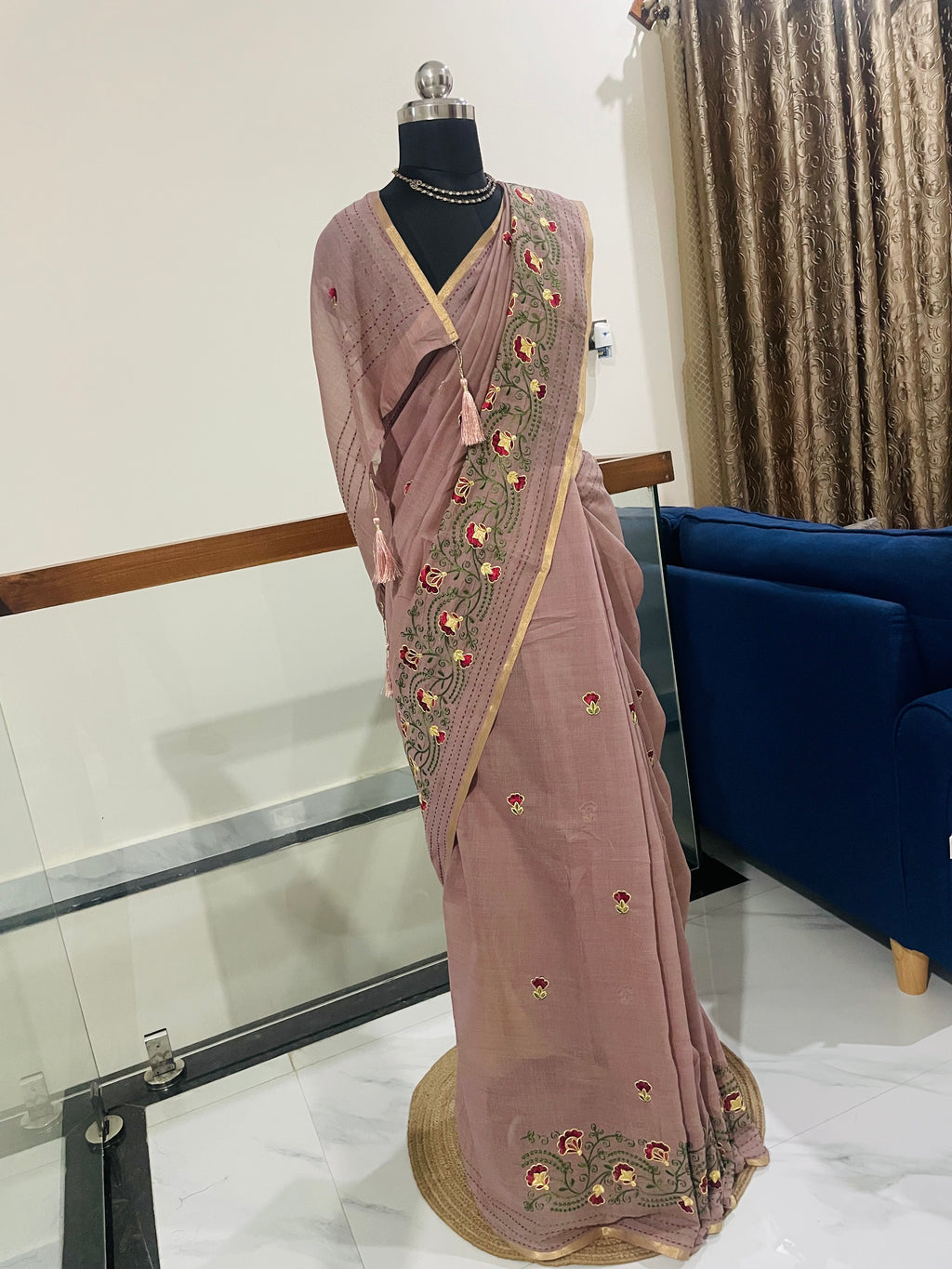 Beautiful Dusty Mauve with a Pastel Pink Soft Cotton & Tissue Mix Saree with Floral Embroidery Work.