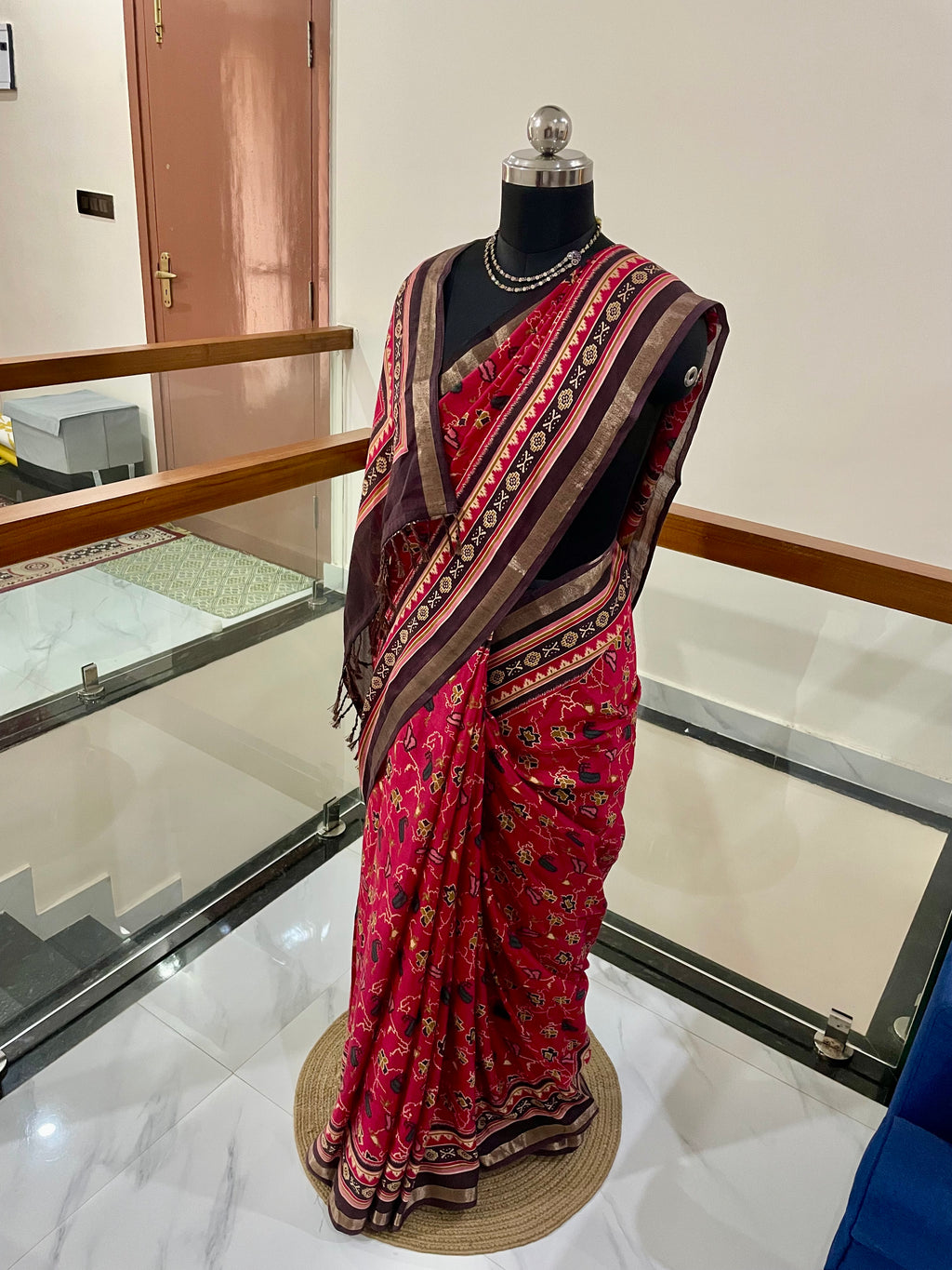 Beautiful Soft Cotton Silk Pink and Brown Combination Saree with Gold Zari Border with Tassels and Art Work all over the saree.