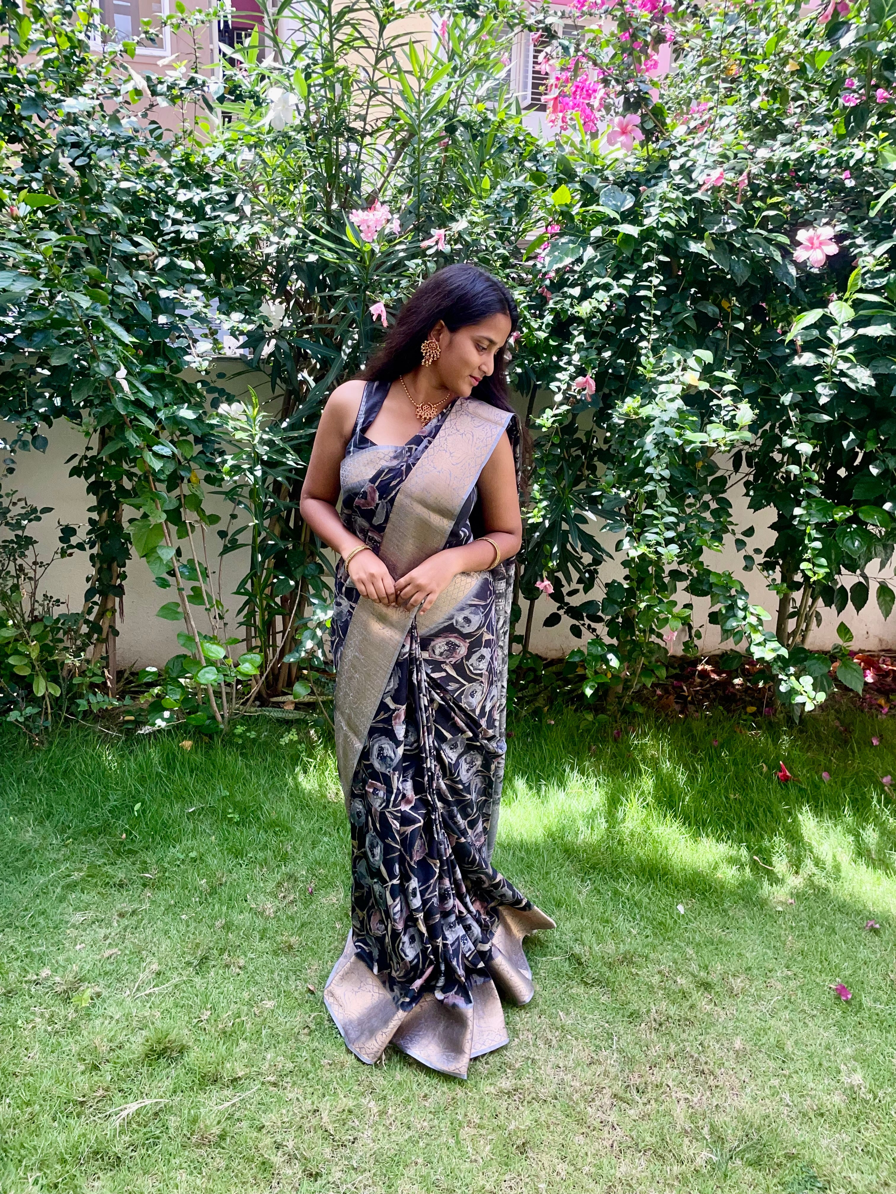 Beautiful Black with Grey Cotton Silk Saree with Weaving Silver Border Which Gives Rich look perfect for Reception or festivals.