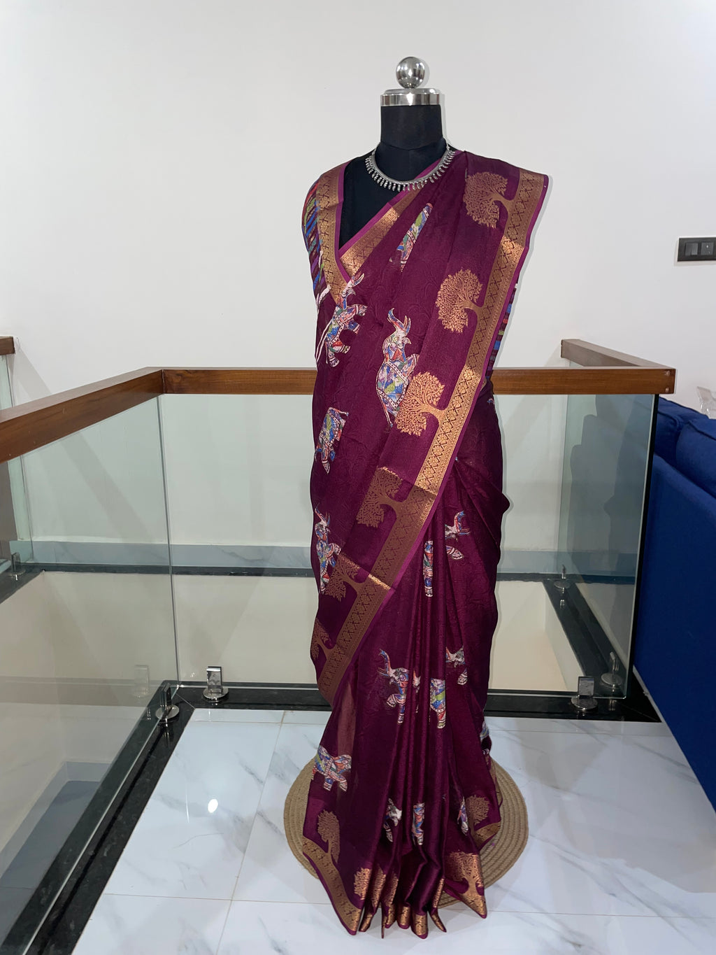 Beautiful Wine Purple Tussar Silk Saree with Golden Weaving Zari Border and Elephant Prints.