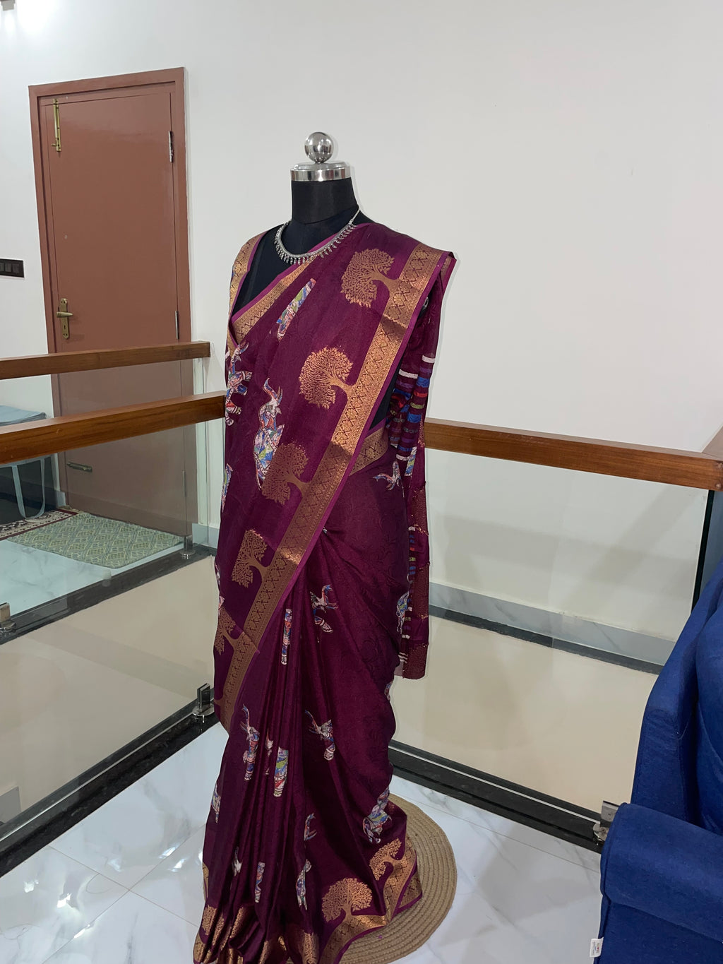 Beautiful Wine Purple Tussar Silk Saree with Golden Weaving Zari Border and Elephant Prints.