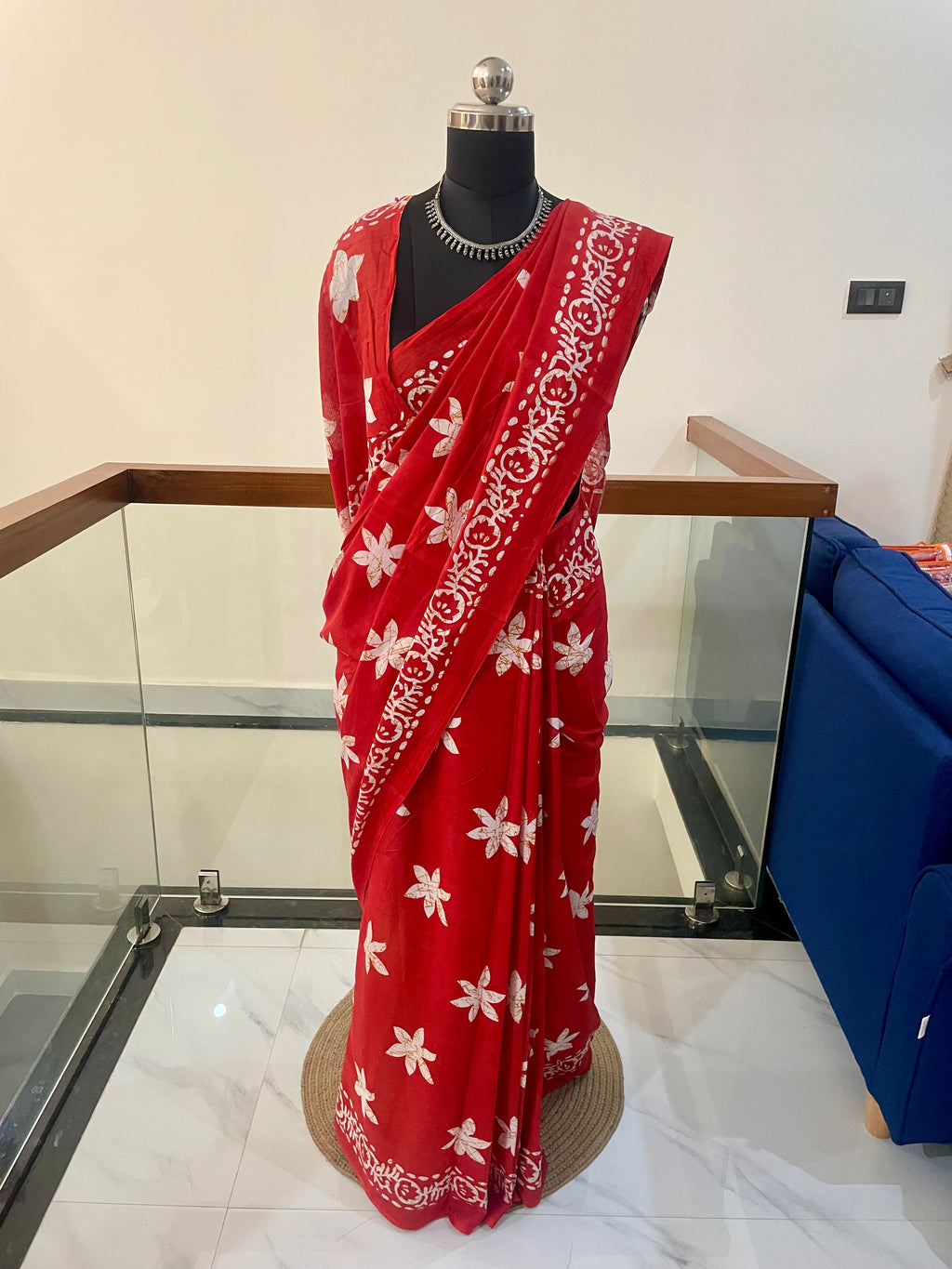 Classic Vibrant Red Soft Pure Cotton Saree With Beautiful White Floral Motifs and Patterned Border.