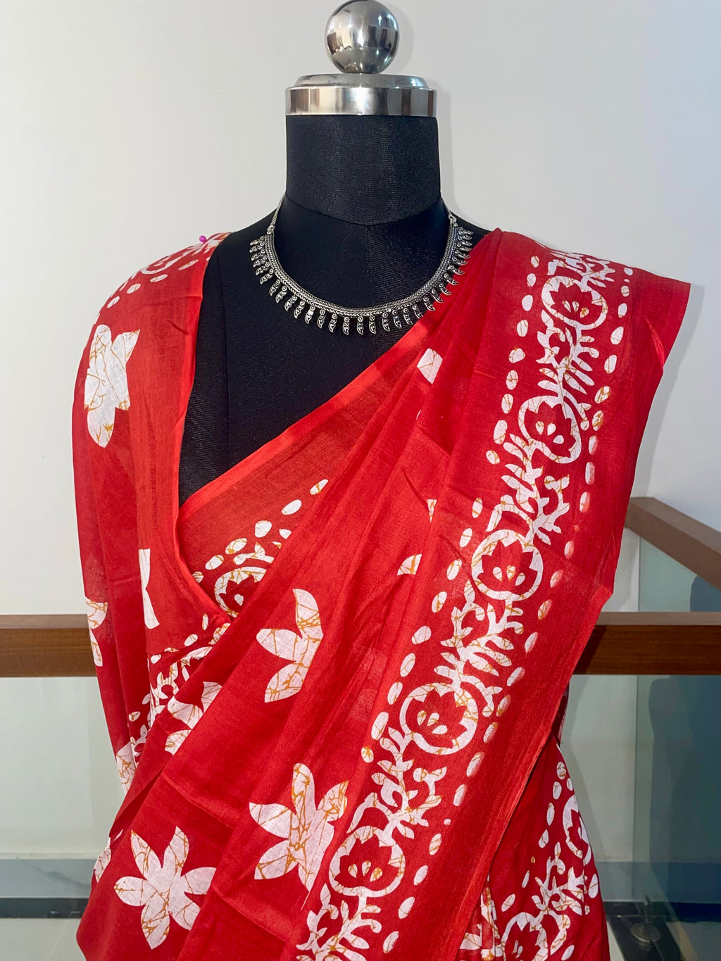 Classic Vibrant Red Soft Pure Cotton Saree With Beautiful White Floral Motifs and Patterned Border.