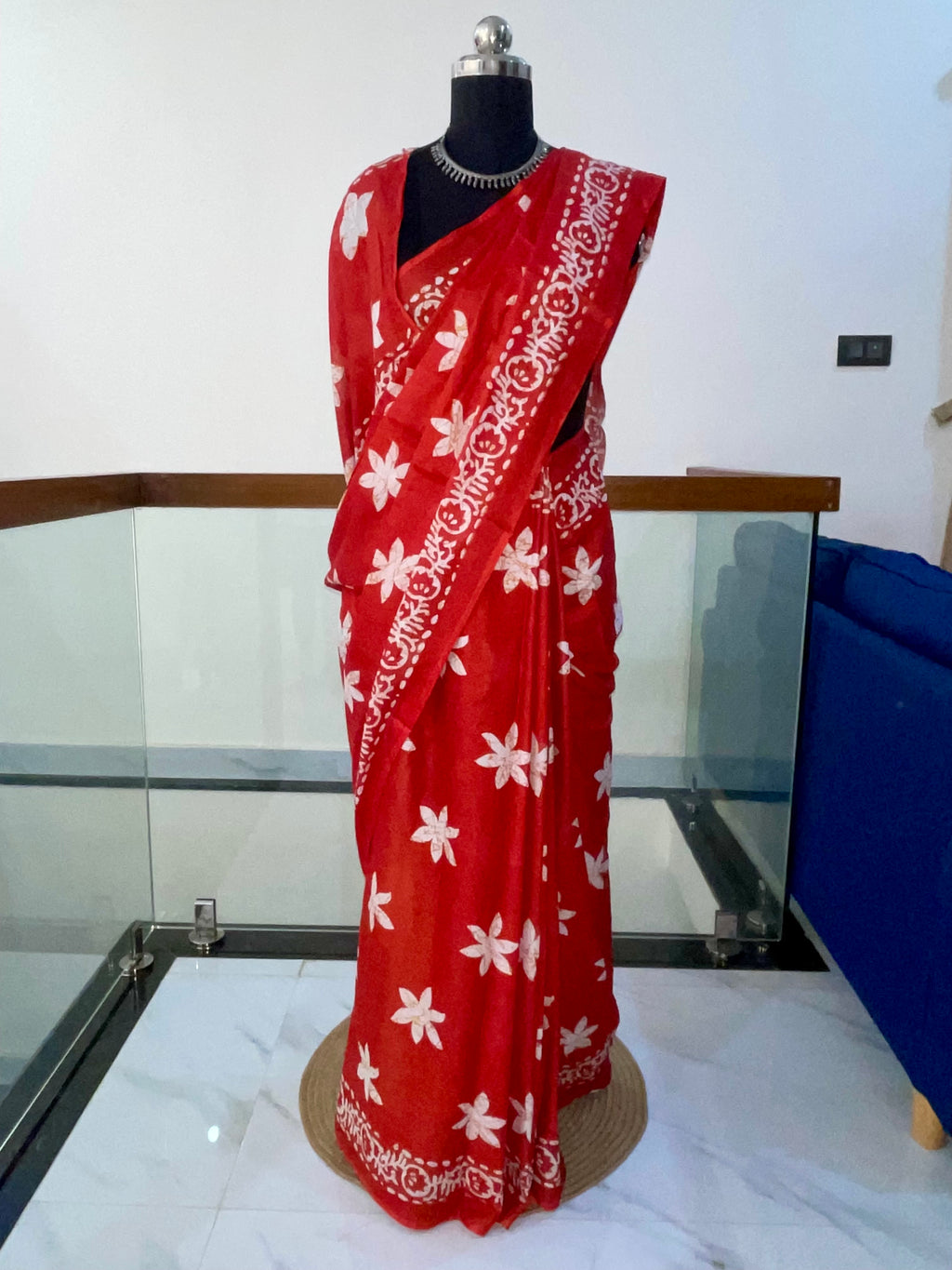 Classic Vibrant Red Soft Pure Cotton Saree With Beautiful White Floral Motifs and Patterned Border.