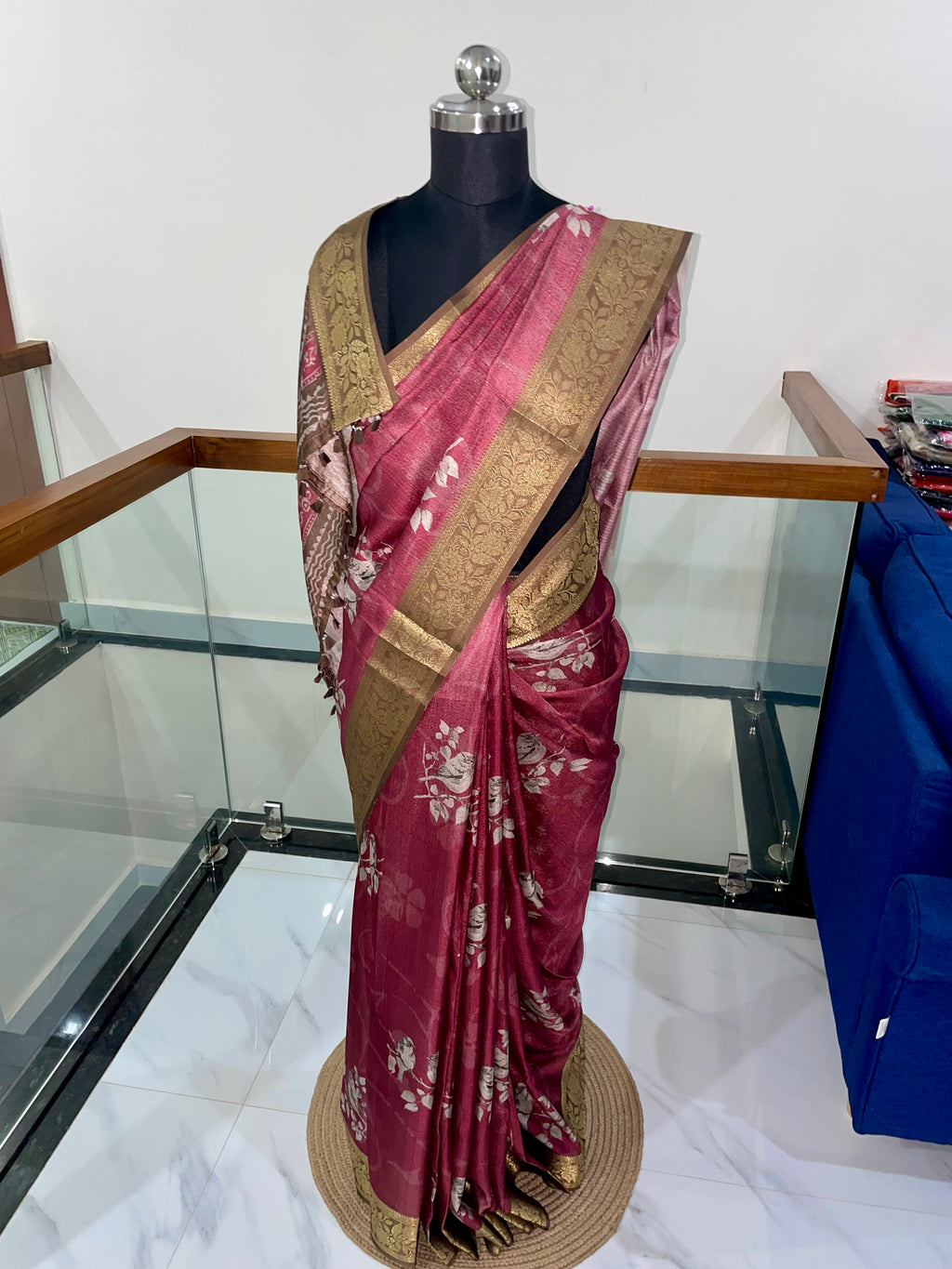 Premium Pink shade Tissue Silk Saree with Antique Gold Weaving Floral Border