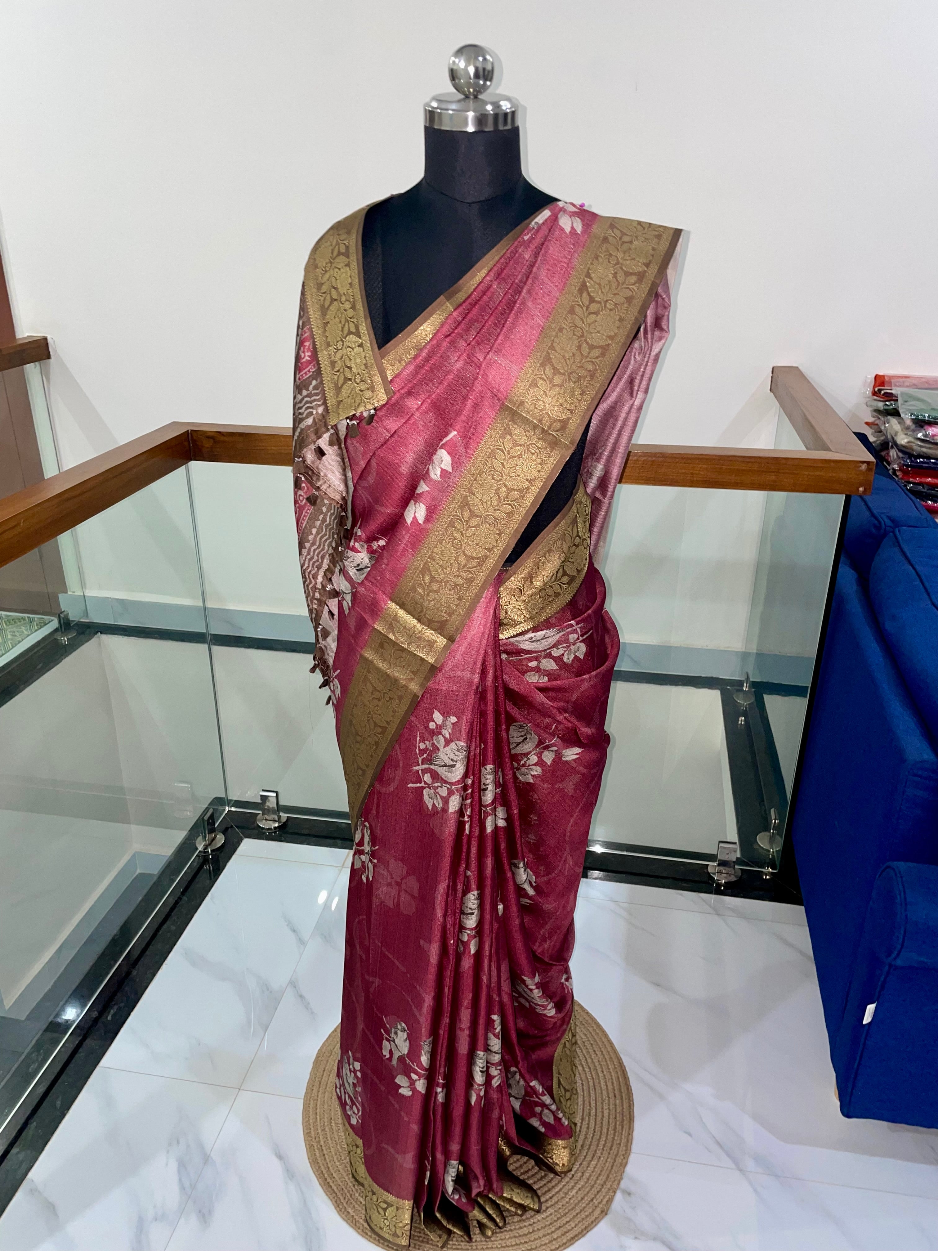 Premium Pink shade Tissue Silk Saree with Antique Gold Weaving Floral Border