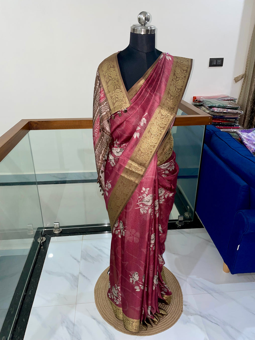 Premium Pink shade Tissue Silk Saree with Antique Gold Weaving Floral Border