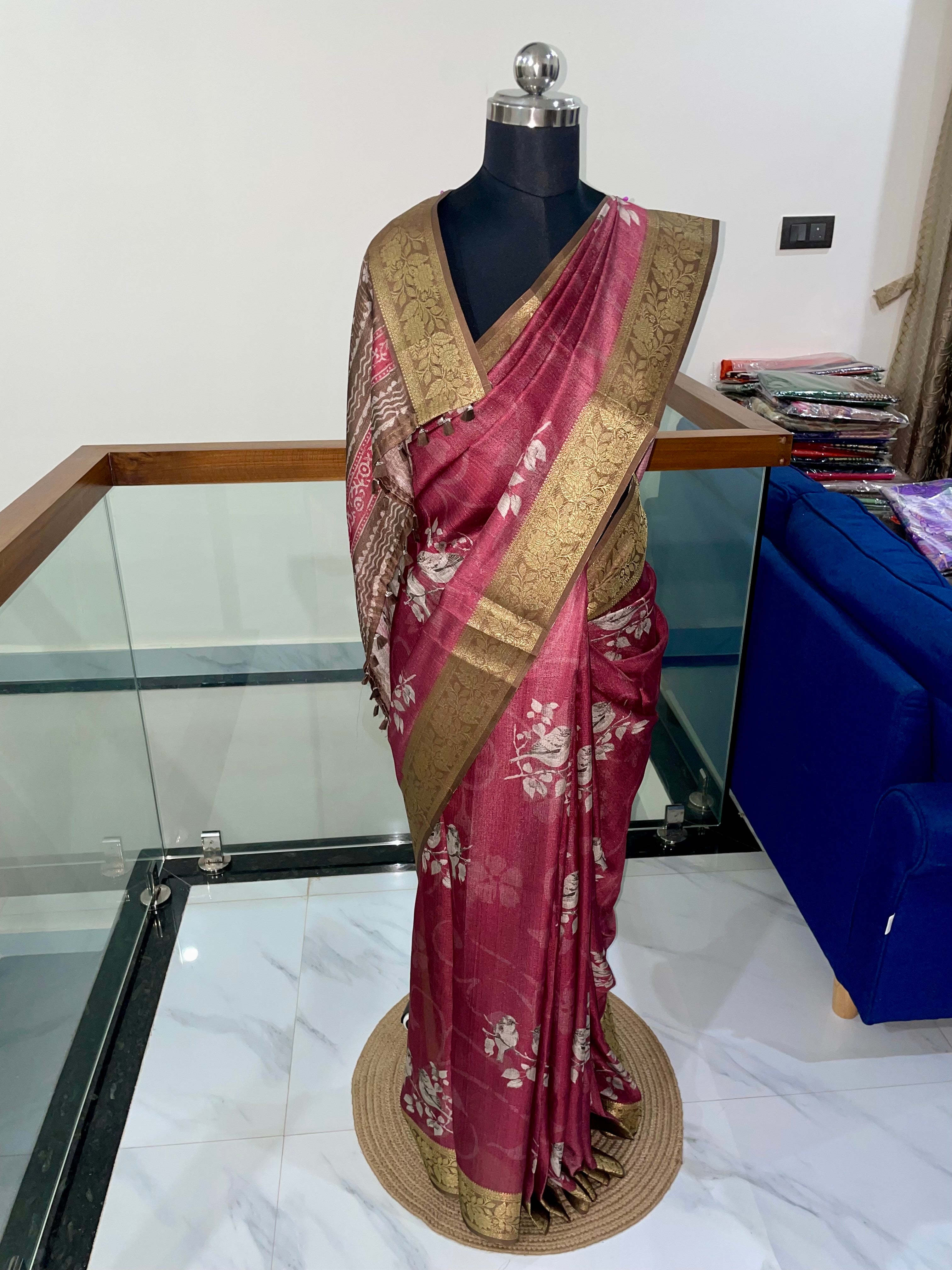 Premium Pink shade Tissue Silk Saree with Antique Gold Weaving Floral Border