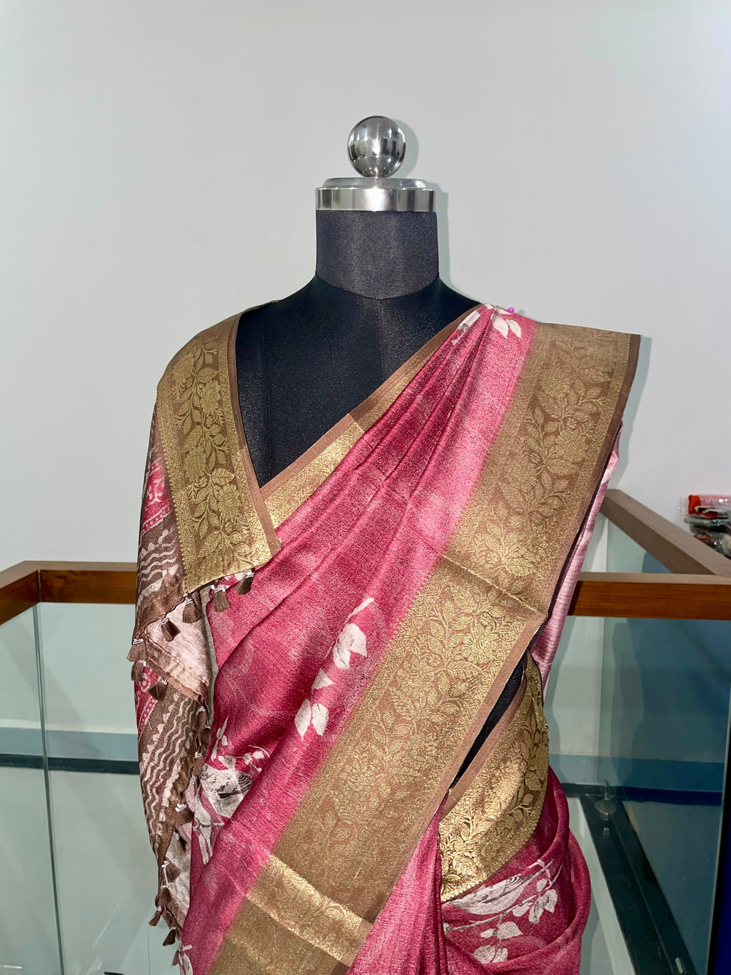 Premium Pink shade Tissue Silk Saree with Antique Gold Weaving Floral Border