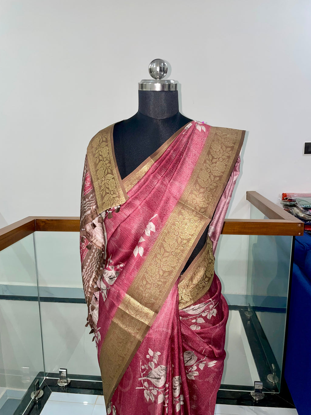 Premium Pink shade Tissue Silk Saree with Antique Gold Weaving Floral Border