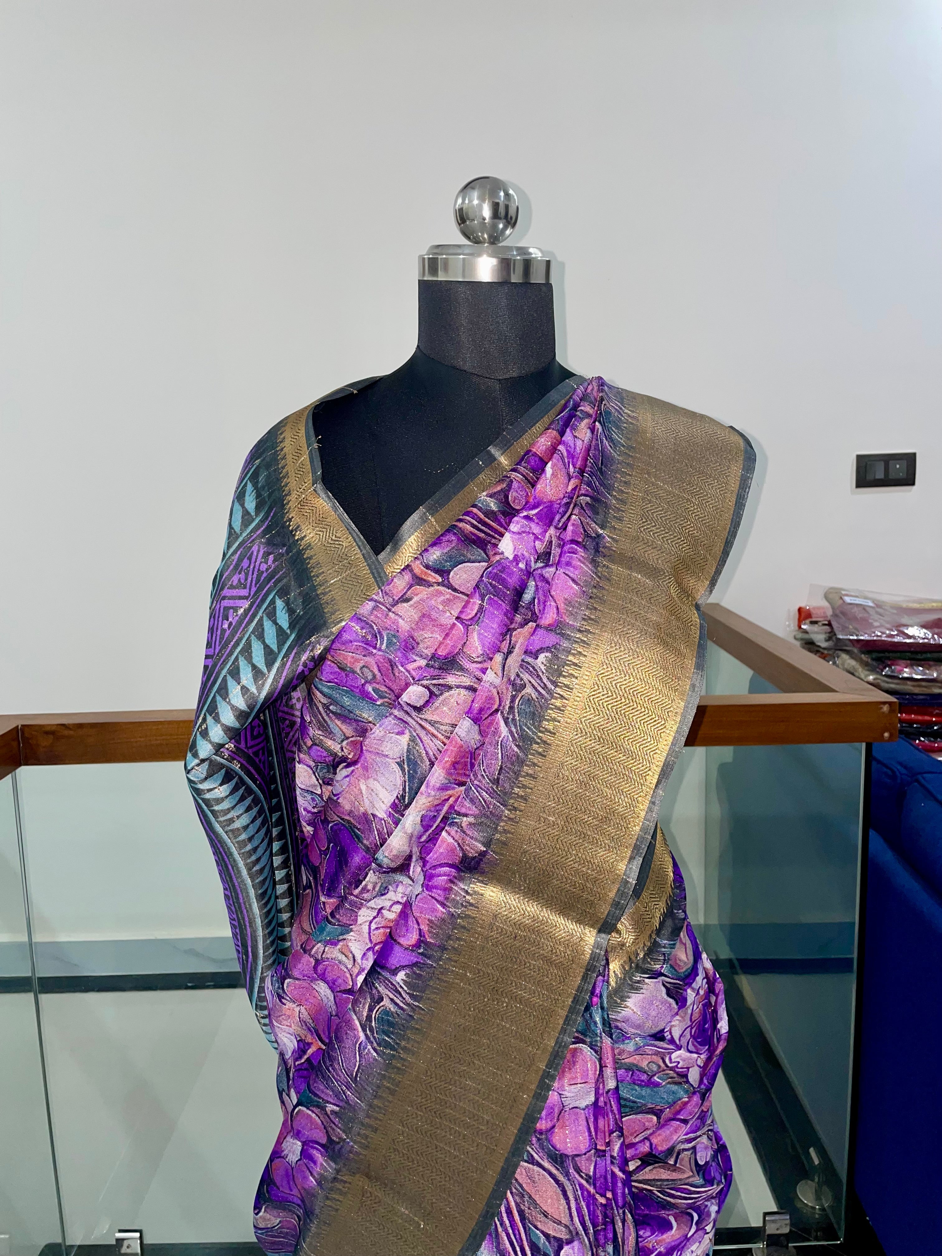 Beautiful Lavender & Violet Floral Saree with Gold Zari Weaving