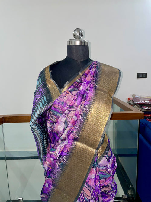 Beautiful Lavender & Violet Floral Saree with Gold Zari Weaving
