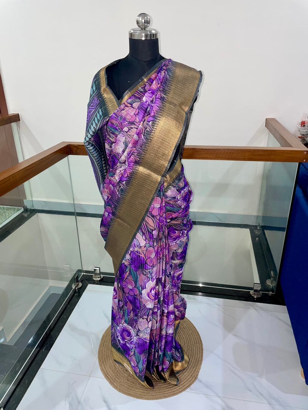 Beautiful Lavender & Violet Floral Saree with Gold Zari Weaving