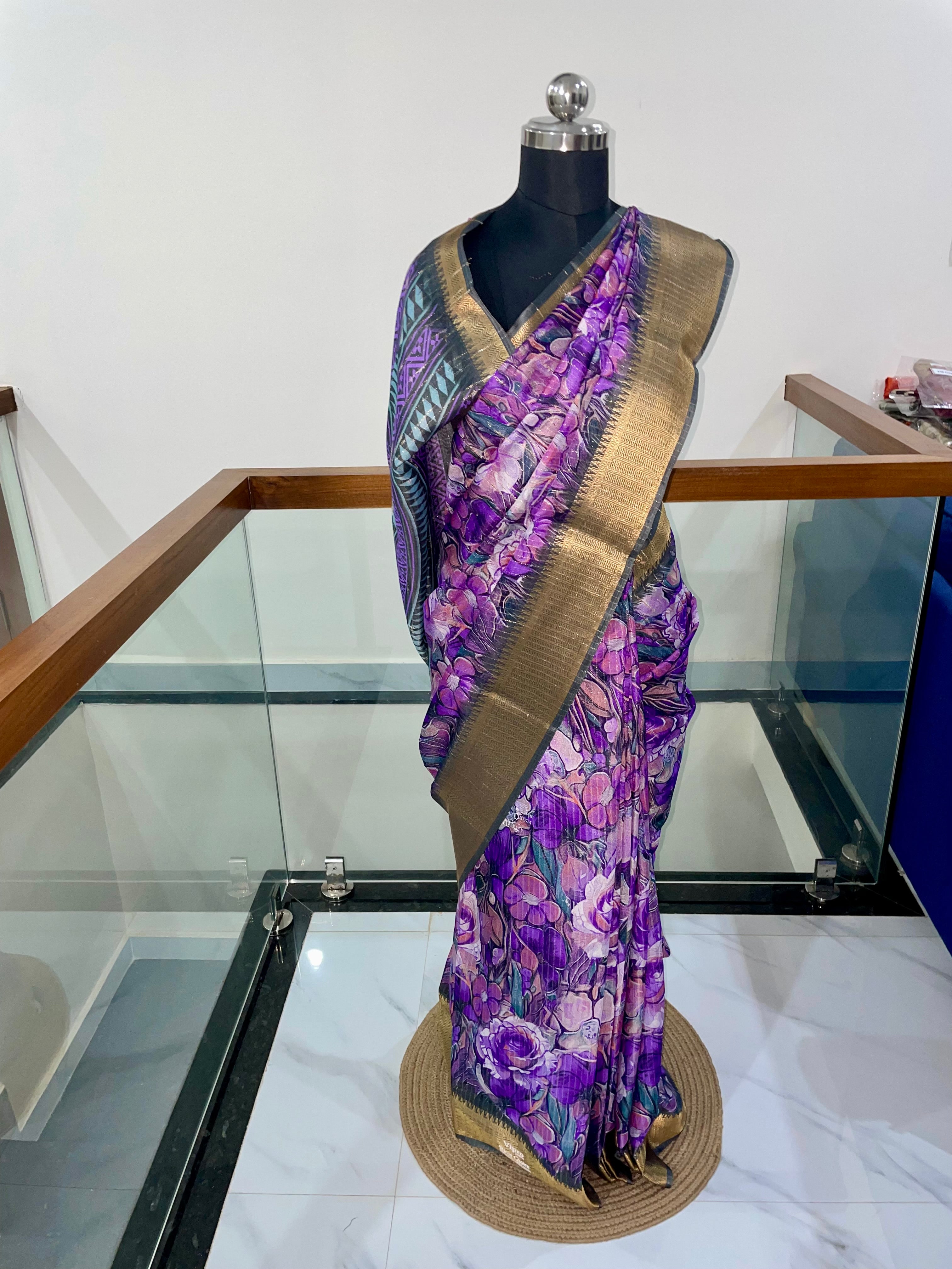 Beautiful Lavender & Violet Floral Saree with Gold Zari Weaving