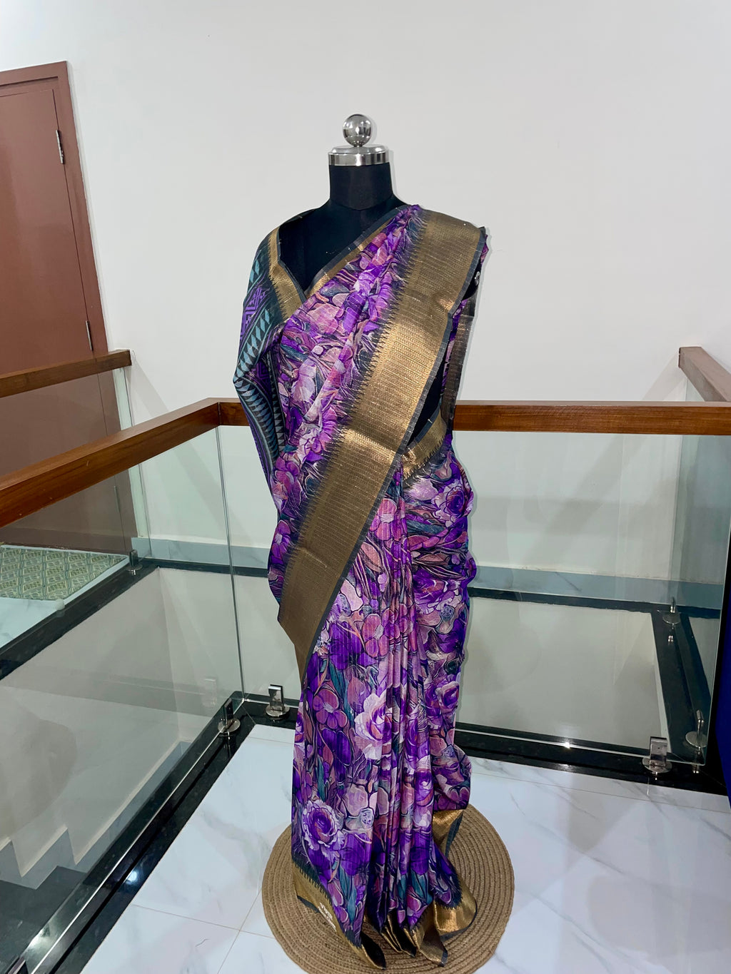 Beautiful Lavender & Violet Floral Saree with Gold Zari Weaving