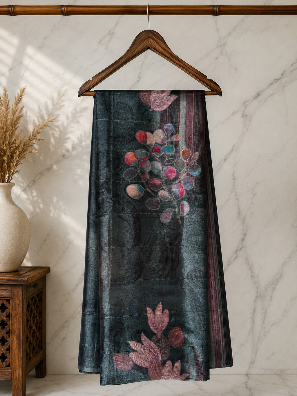 Beautiful charcoal grey Sequinned Silk Blend Soft saree featuring graceful floral digital prints in soft pink and multicolor accents and Tassels.