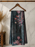 Beautiful charcoal grey Sequinned Silk Blend Soft saree featuring graceful floral digital prints in soft pink and multicolor accents and Tassels.