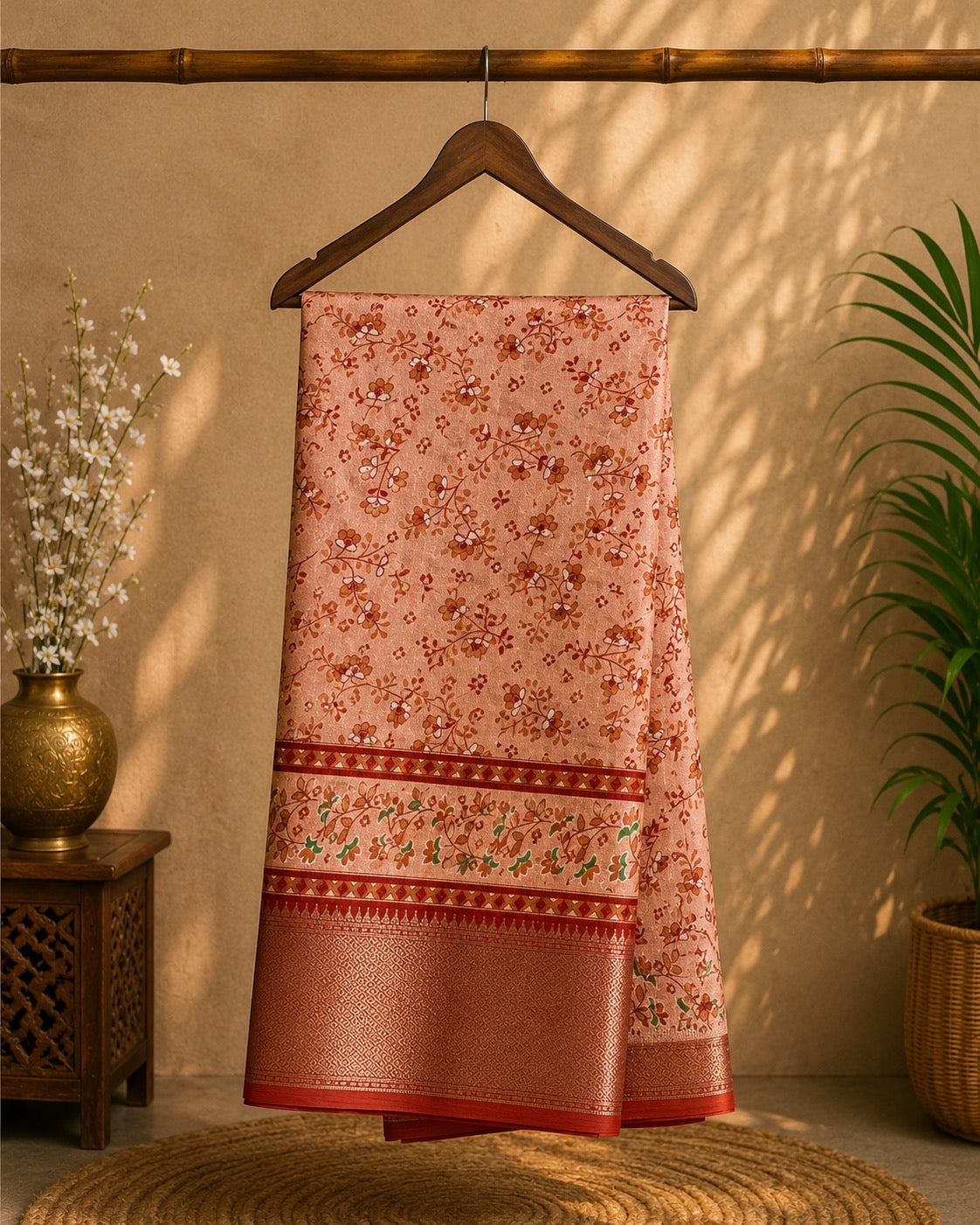Elegant peach saree adorned with delicate floral prints and a beautifully zari border - Cotton tissue soft Saree