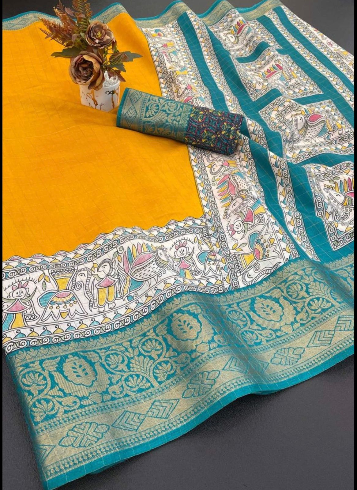 Dola Silk Digital Printed - Yellow and Sky Blue Combination with Vector Arts Border