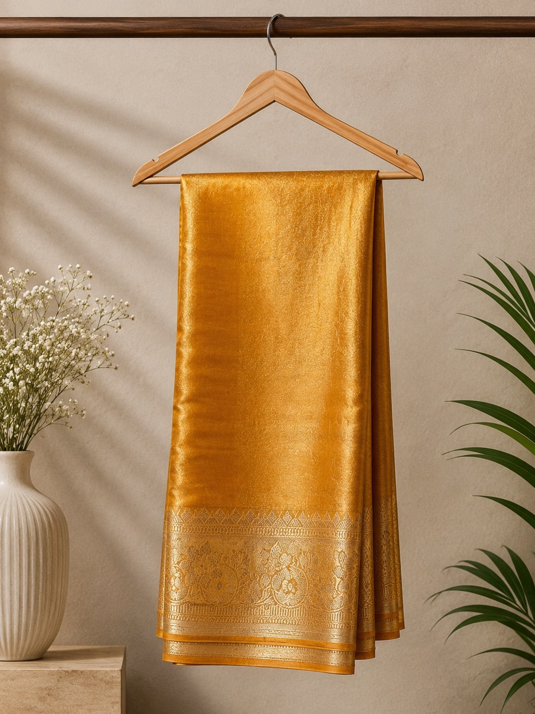 Elegant golden mustard Tissue saree, featuring a rich sheen and an intricately woven zari border.