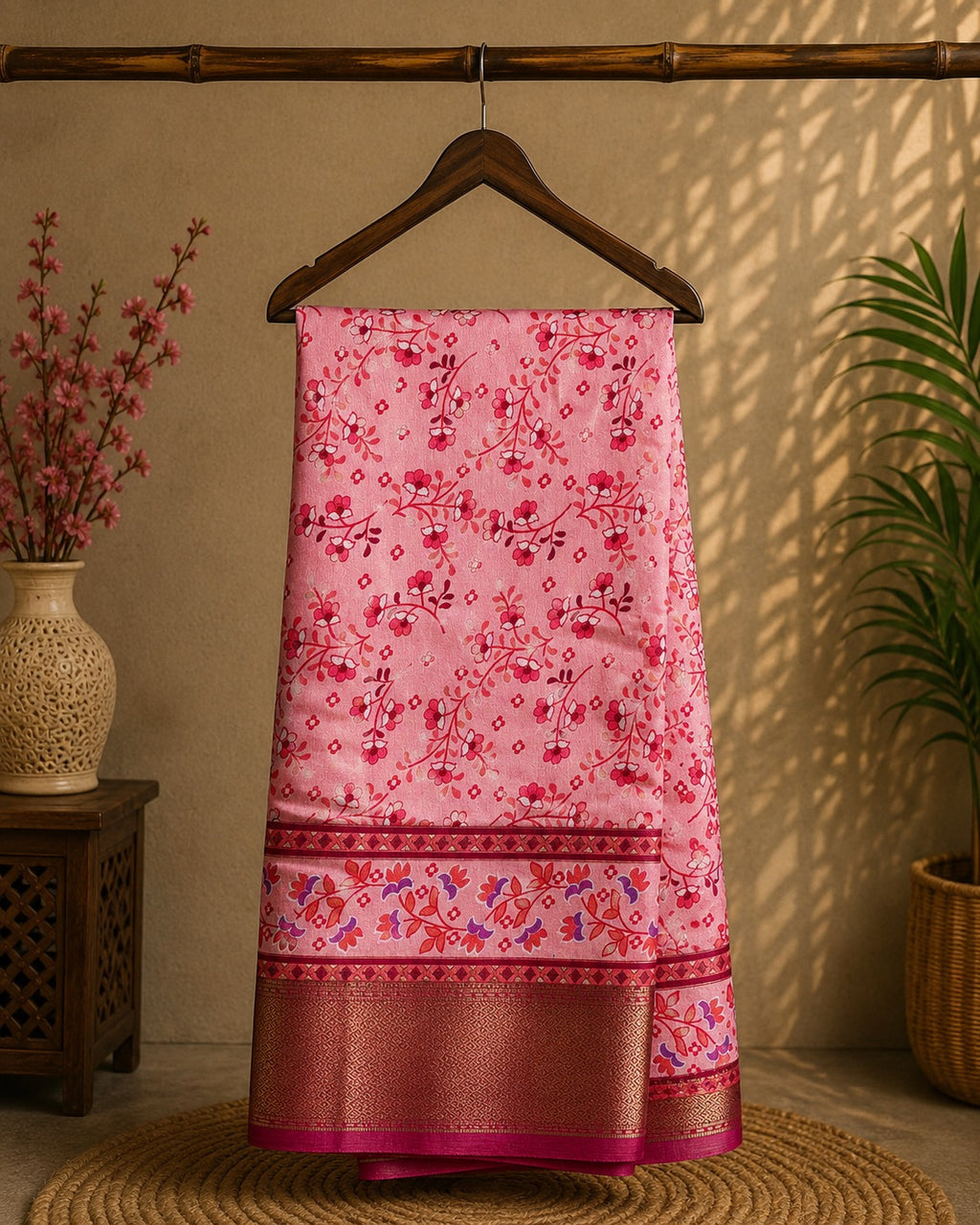 Graceful light pink saree featuring elegant floral prints and a beautifully zari border - Cotton tissue soft Saree