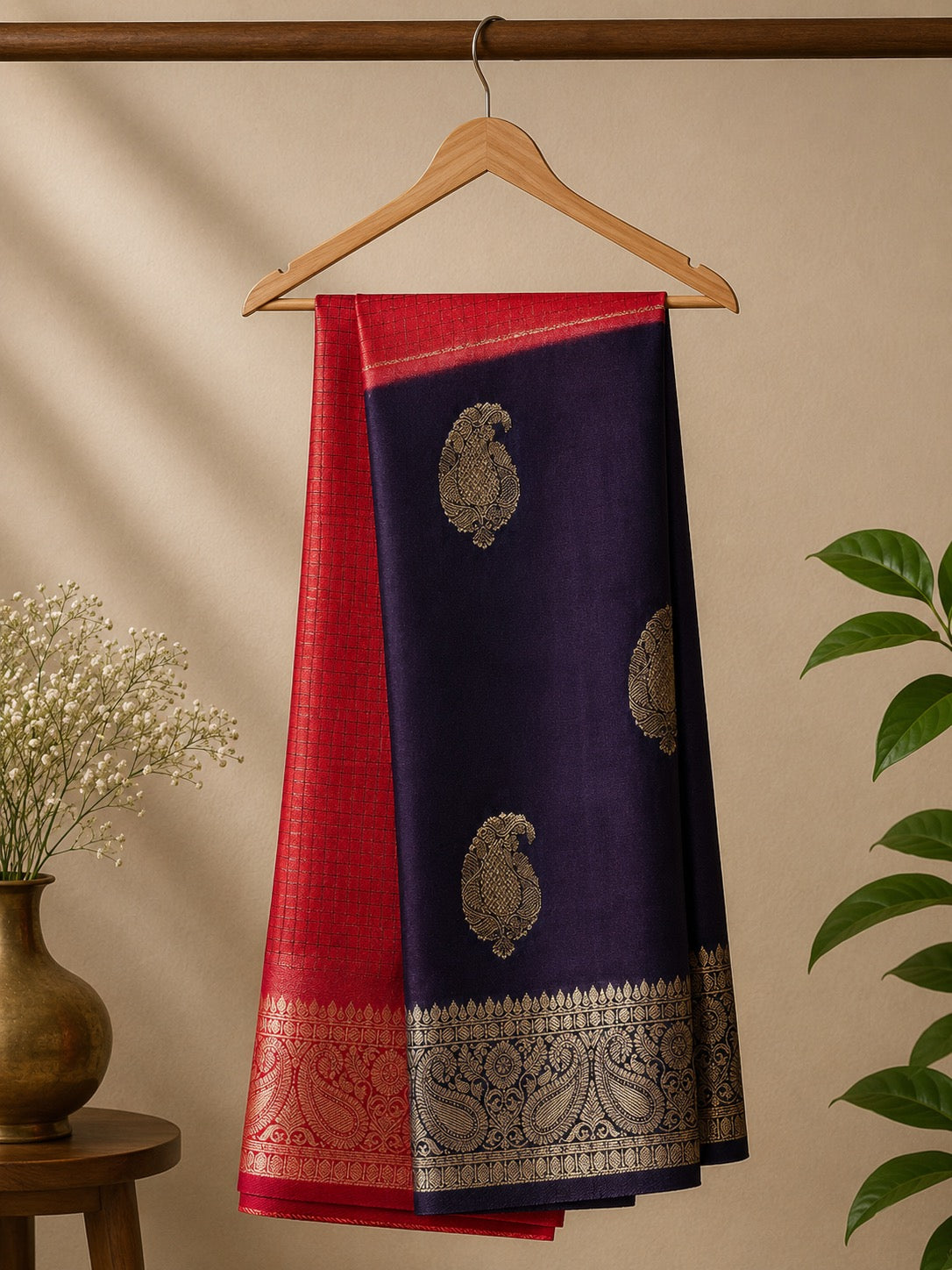 Elegant Crepe Semi Silk dual-tone saree featuring a vibrant pink body and a rich navy blue, accented with intricate zari motifs and border.