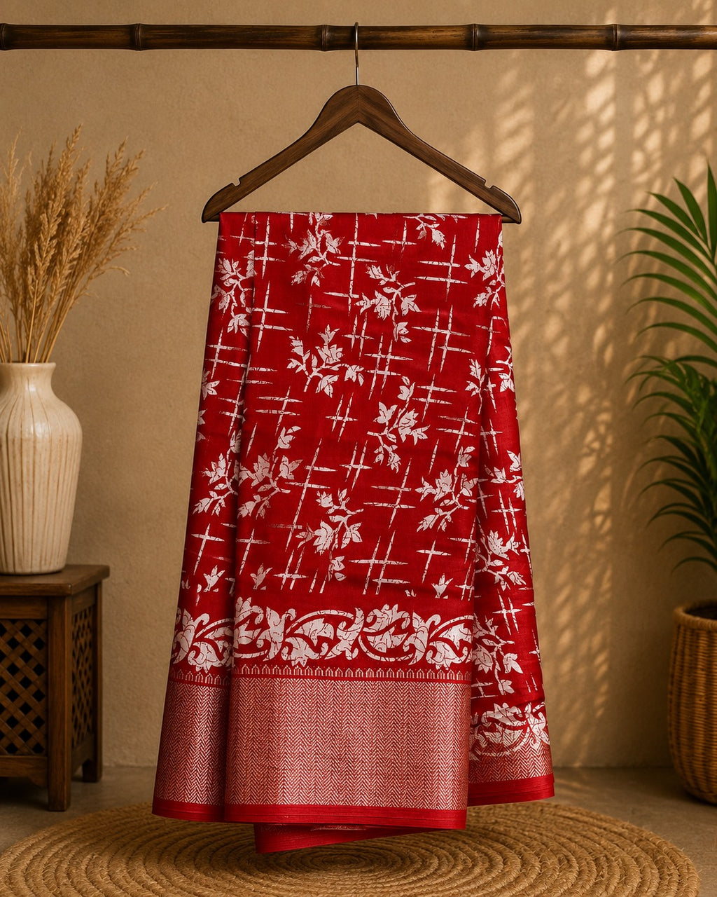 Elegant red saree adorned with charming white floral and abstract prints, complemented by a rich zari border - Cotton tissue soft Saree