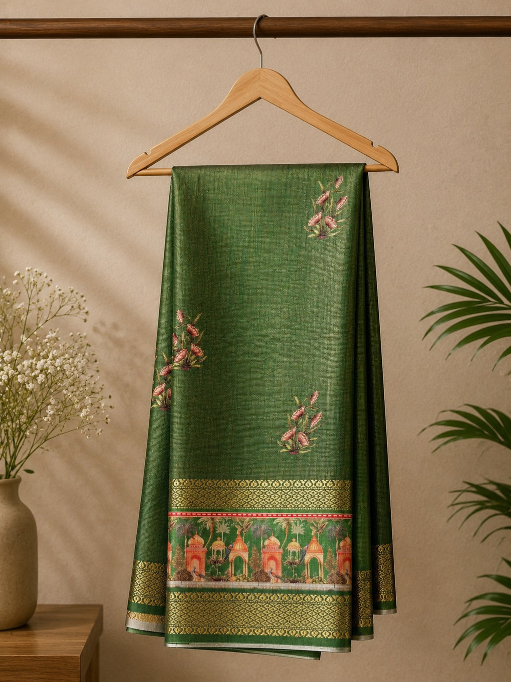 Graceful olive green saree, adorned with delicate floral motifs and heritage-inspired scenic border. Accented with intricate golden zari.