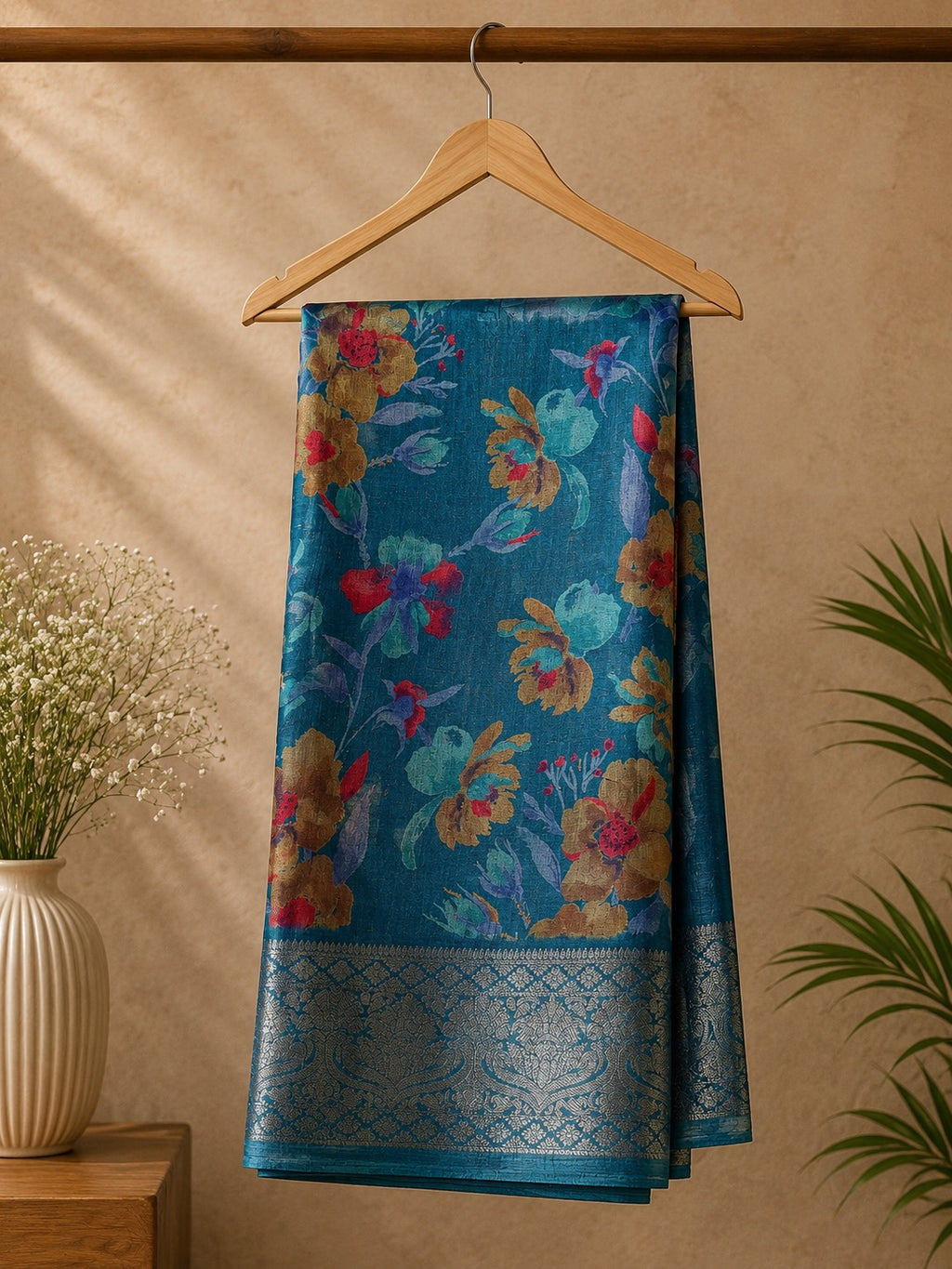 Elegant teal blue saree featuring vibrant multicolor floral prints. Finished with a rich Silver woven zari border- Satin Tissue Saree