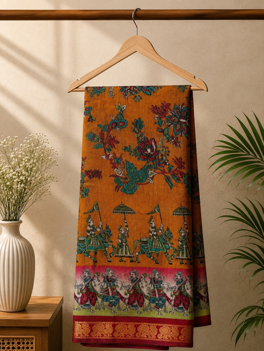 Elegant mustard brown saree, with vibrant floral prints and detailed heritage-inspired with a rich zari border