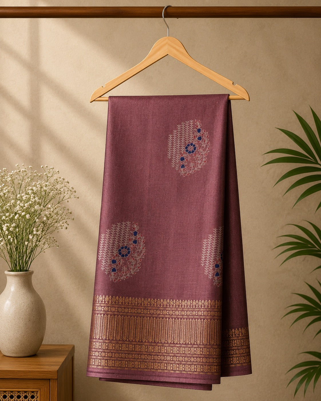 Graceful mauve saree, adorned with delicate floral woven motifs and a rich golden zari border.
