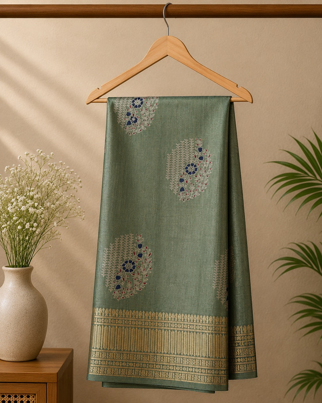 Elegant sage green silk saree, beautifully adorned with delicate floral motifs and a rich golden zari border