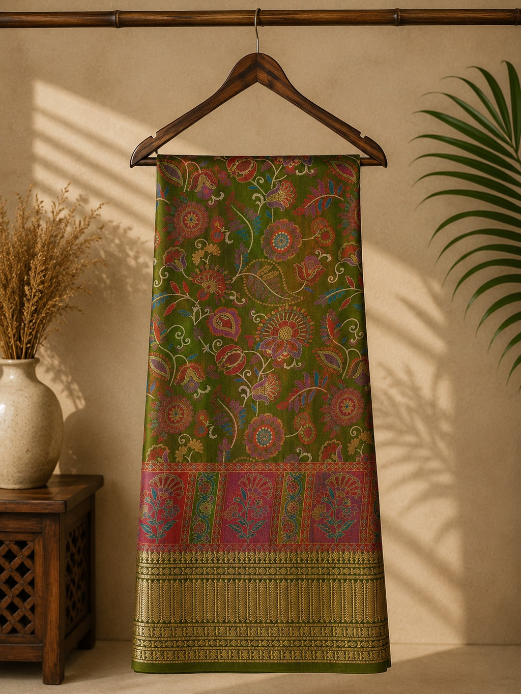 Elegant olive green saree featuring vibrant floral digital prints and an golden zari border