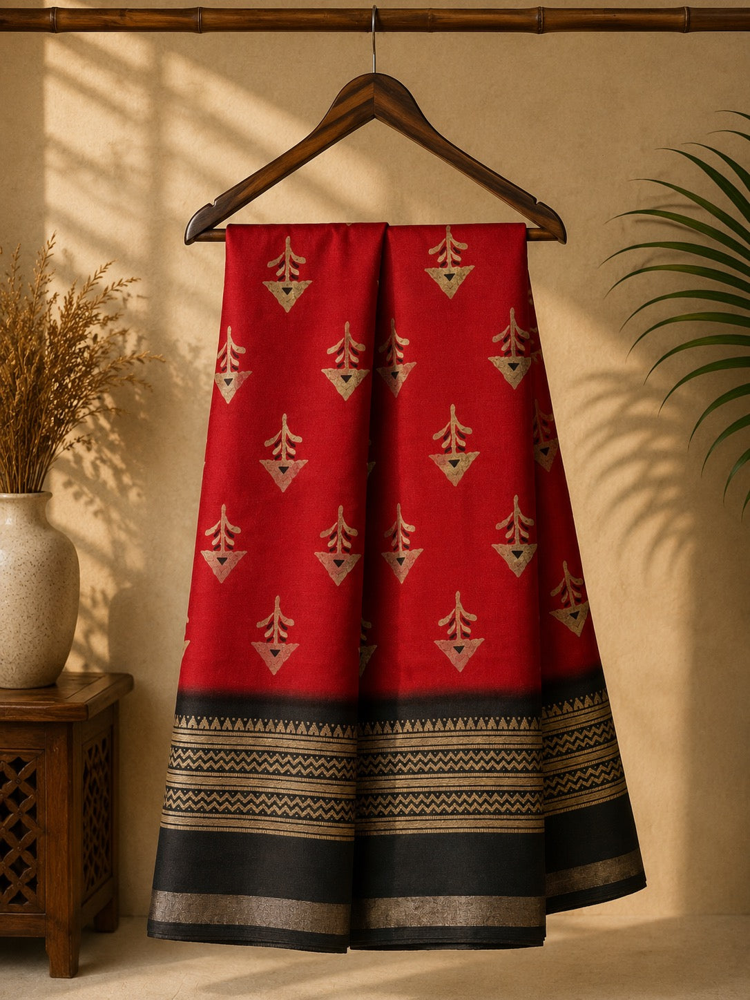 Elegant Red saree featuring subtle traditional motifs and a beautifully Black-gold Zari Line border- Cotton silk soft Saree (Copy)