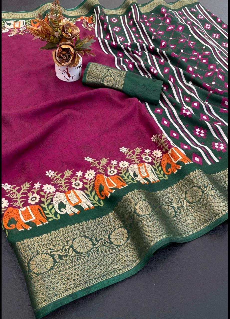 Dola Silk Digital Printed - Elegant Wine and Green Combination with floral Border