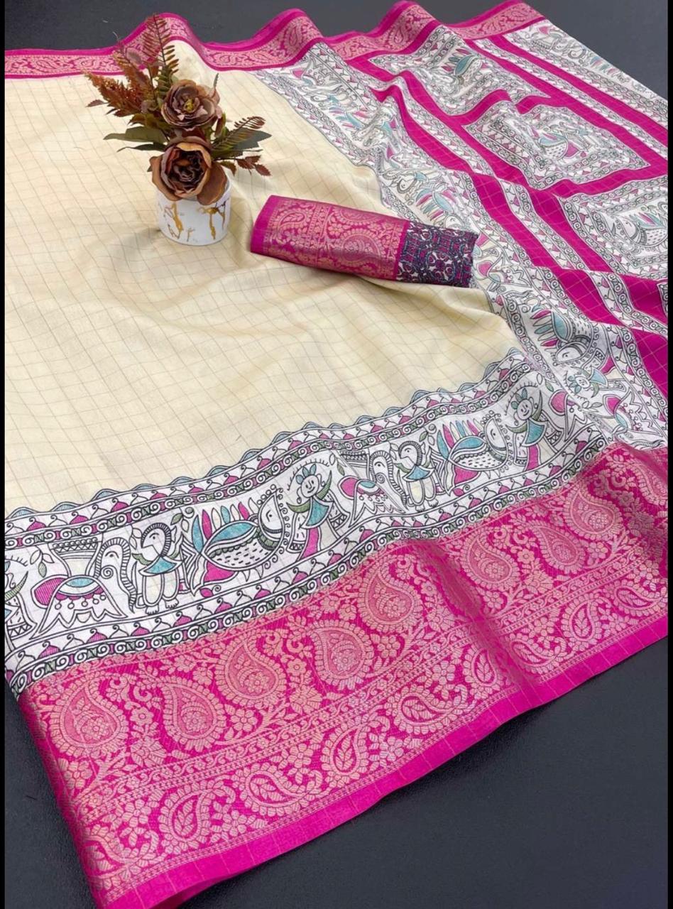 Dola Silk Digital Printed - Cream and Pink Combination with Floral Border