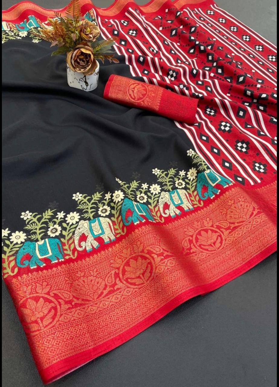 Dola Silk Digital Printed - Black and Vibrant Red  Combination with Mango Border