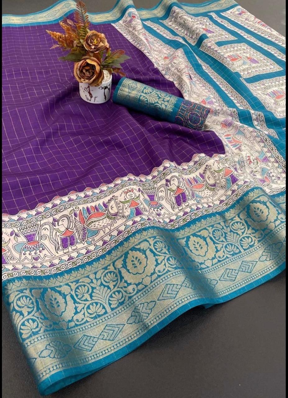Dola Silk Digital Printed - Purple and Sky Blue Combination with Floral Border