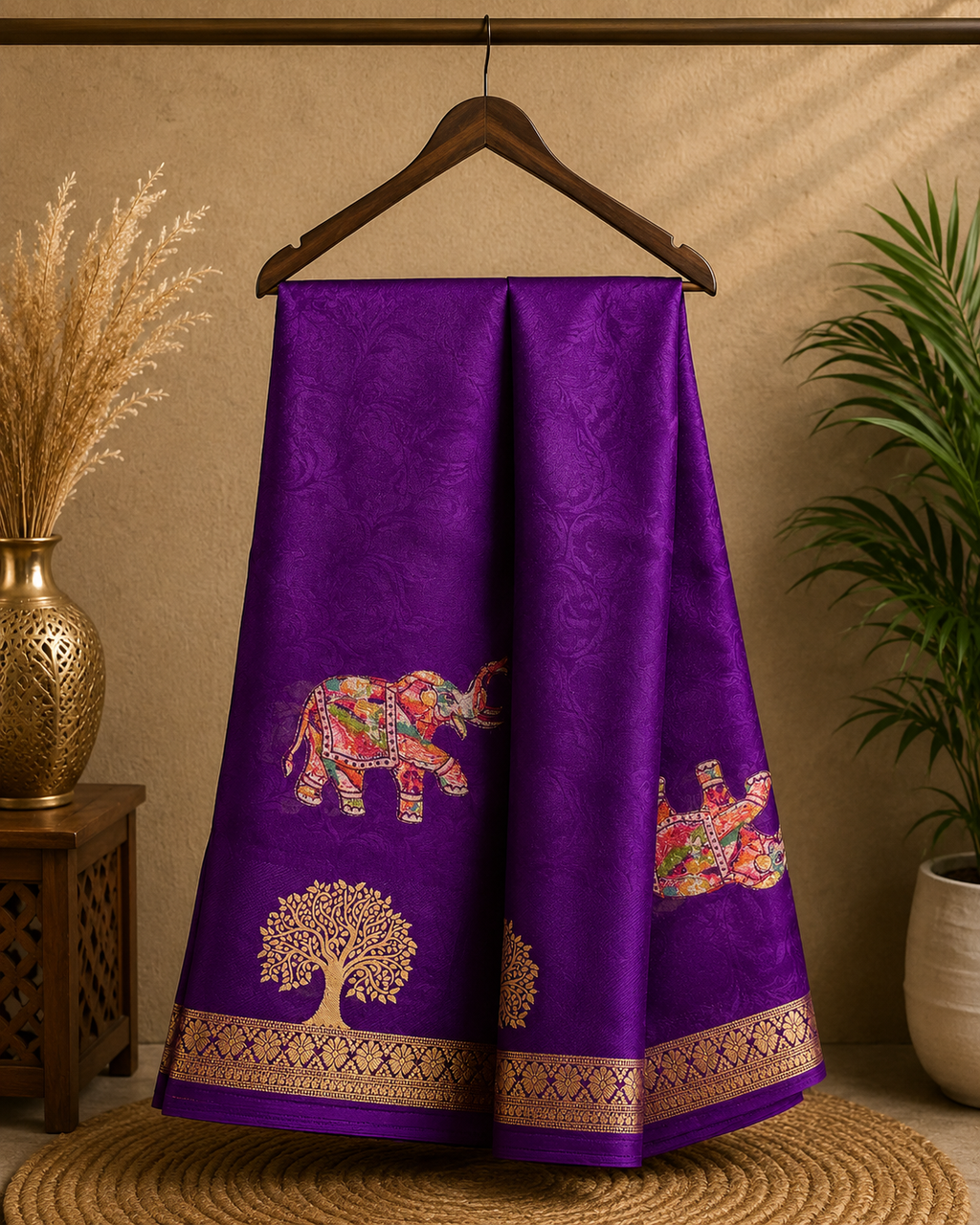 Elegant purple saree featuring elephant and tree motifs that reflect traditional artistry the rich golden woven border- Foil Georjjett jacquard Saree